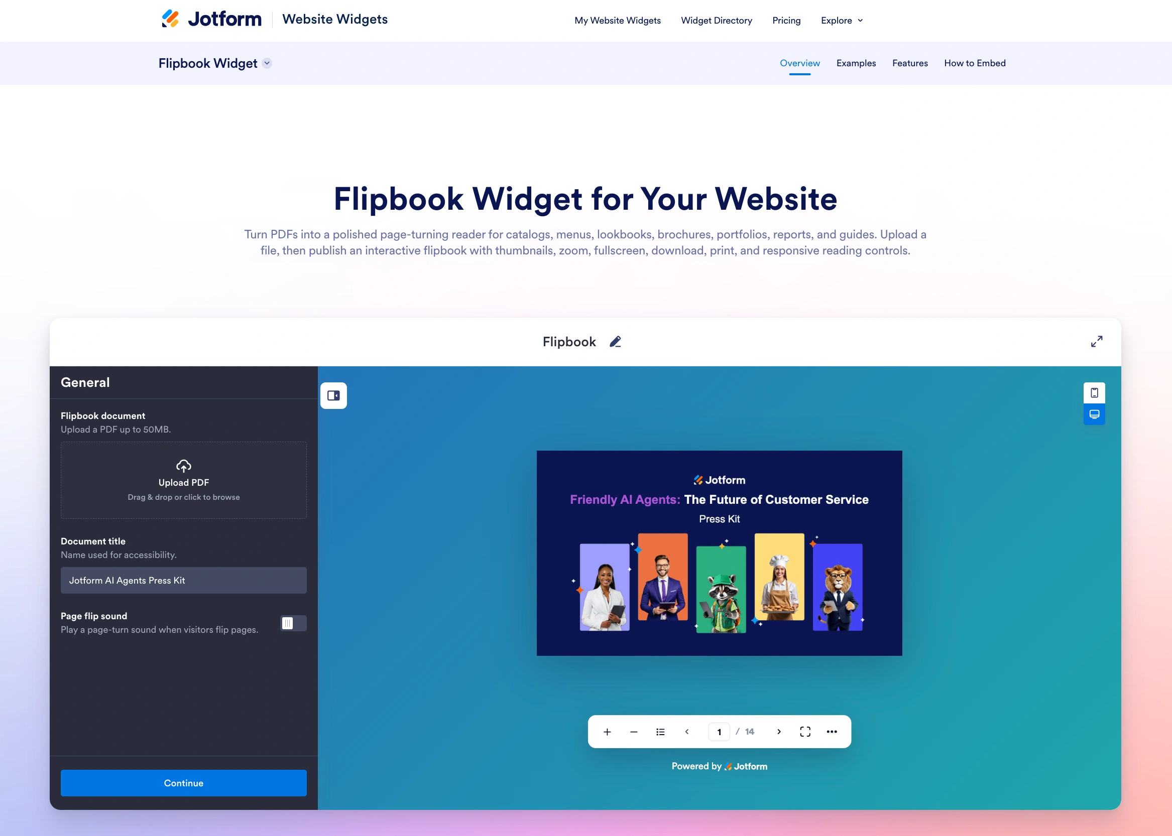 Screenshot of the Jotform FlipBook Widget landing page