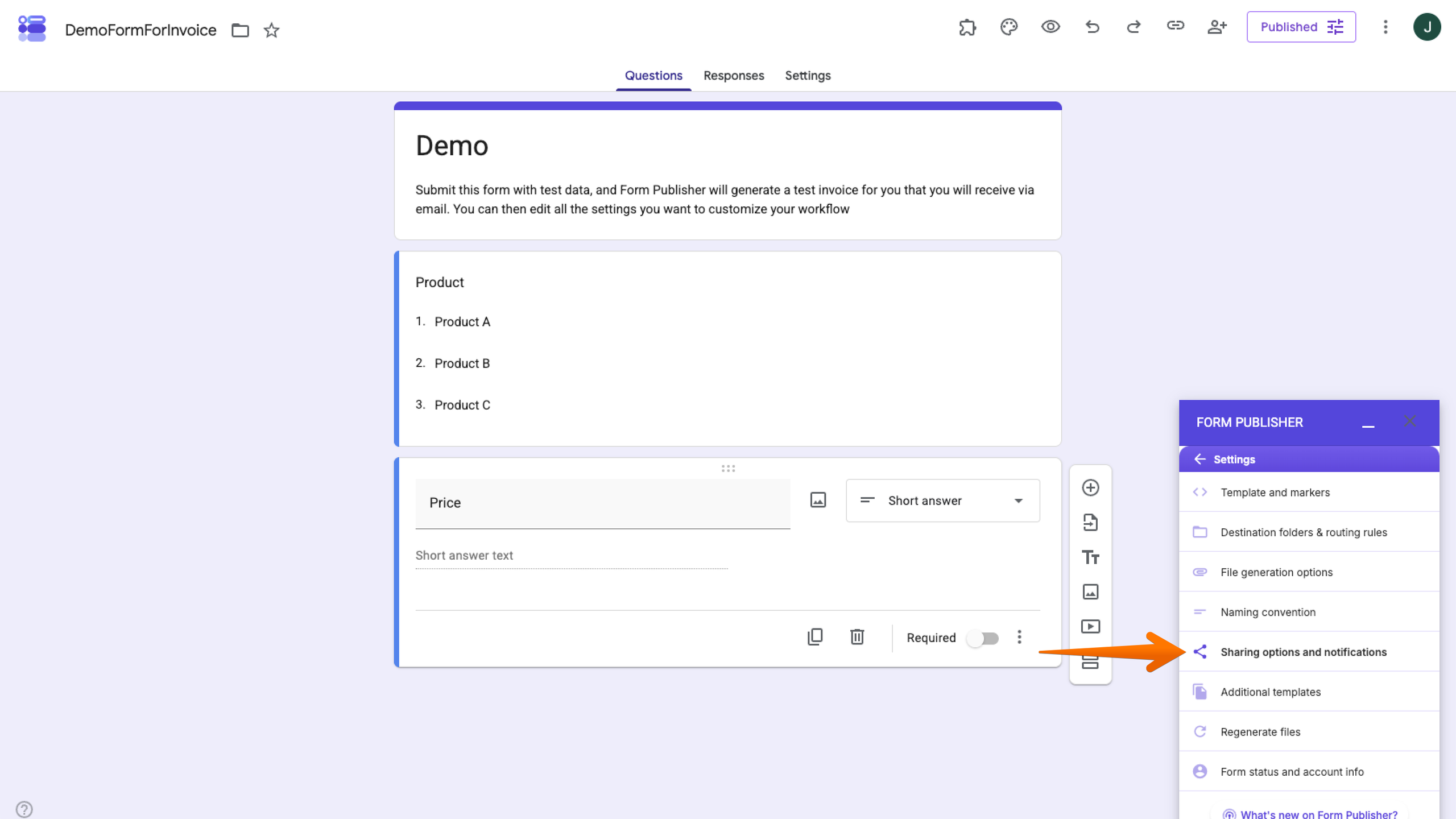 Demo Form Form Publisher Add-on Sharing options and notifications menu