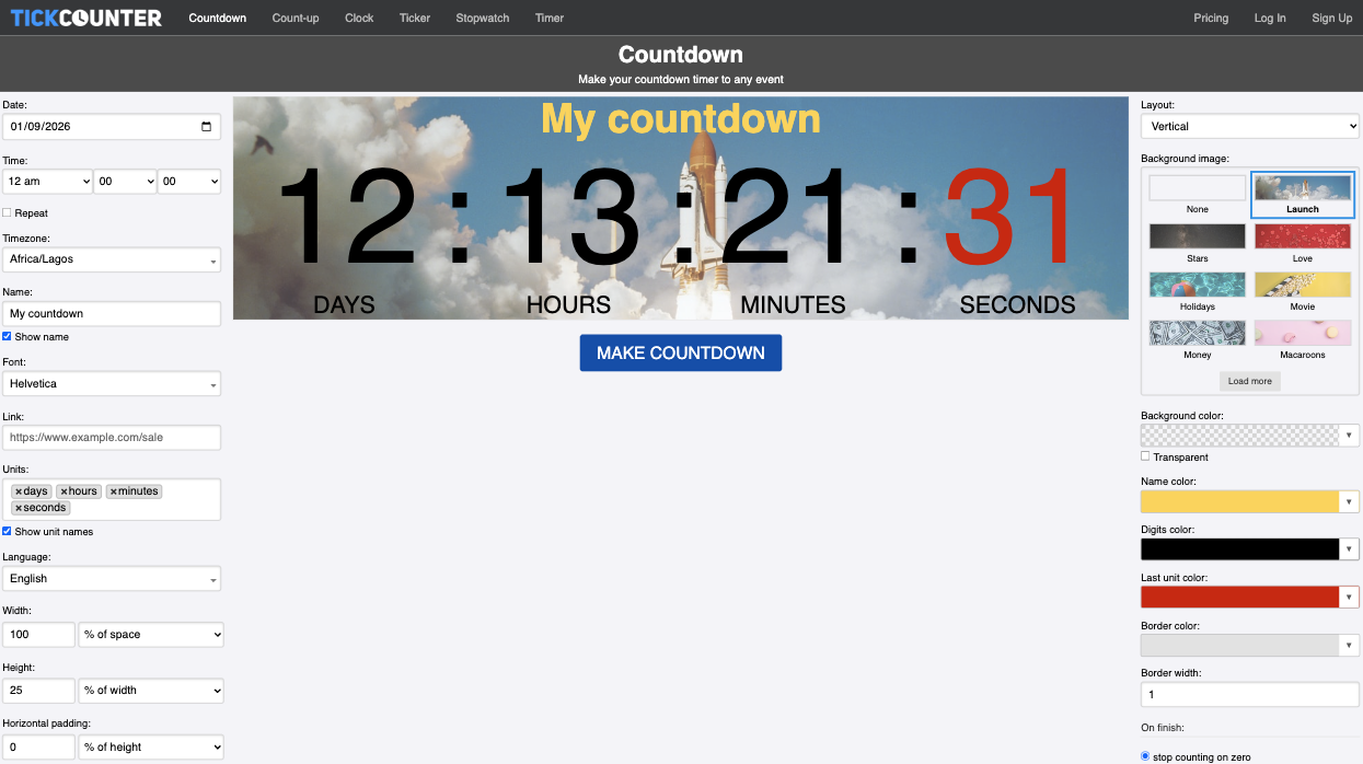 TickCounter Countdown Timer widget Landing Page