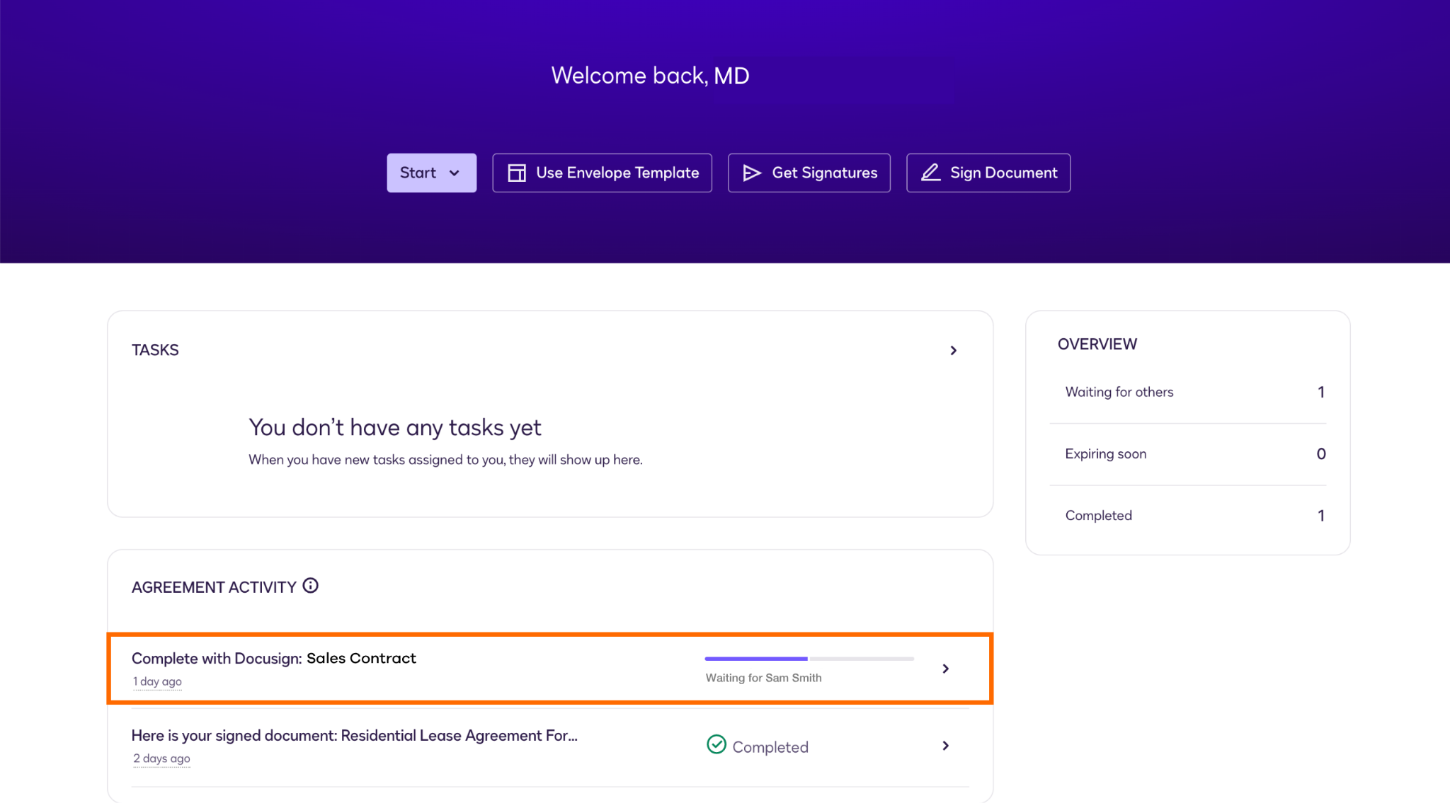 Docusign homepage with an active envelope highlighted