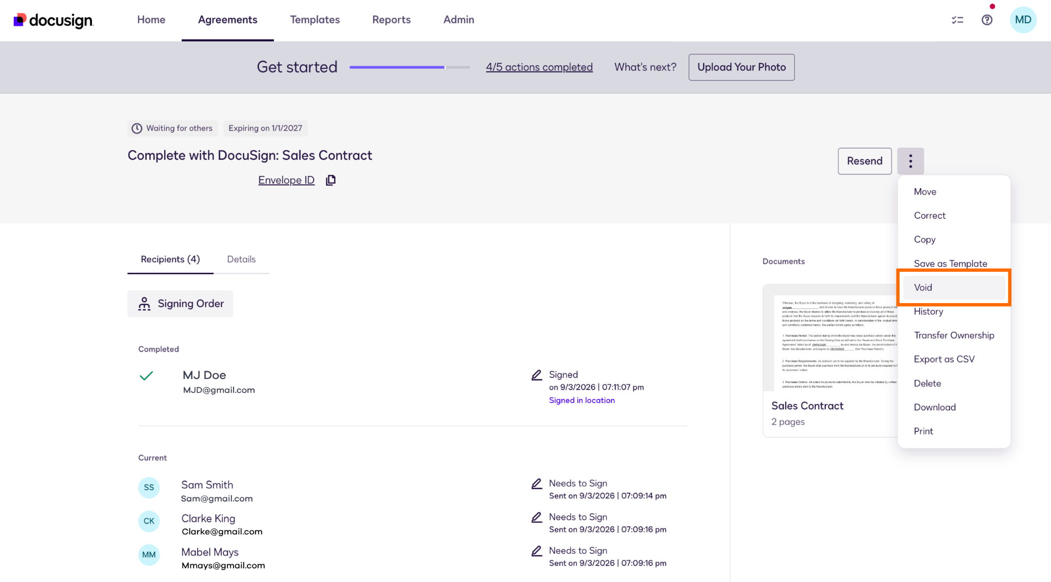 Docusign agreement page with the "Void" option highlighted in the three-dots dropdown menu