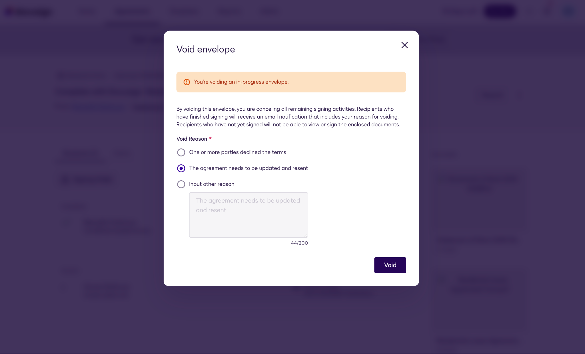 Docusign interface showing the "Void envelope" popup screen and the "Void Reason" options