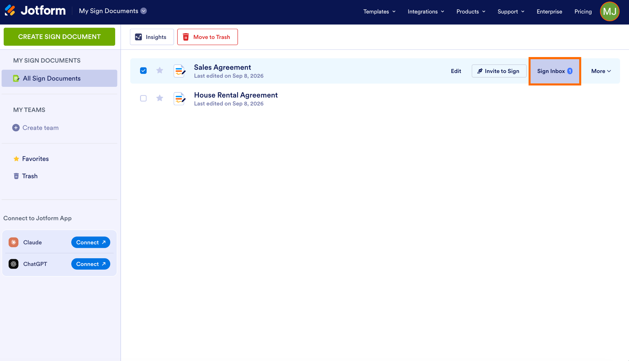 Jotform Sign interface with the "Sign Inbox" button highlighted next to a Sign document