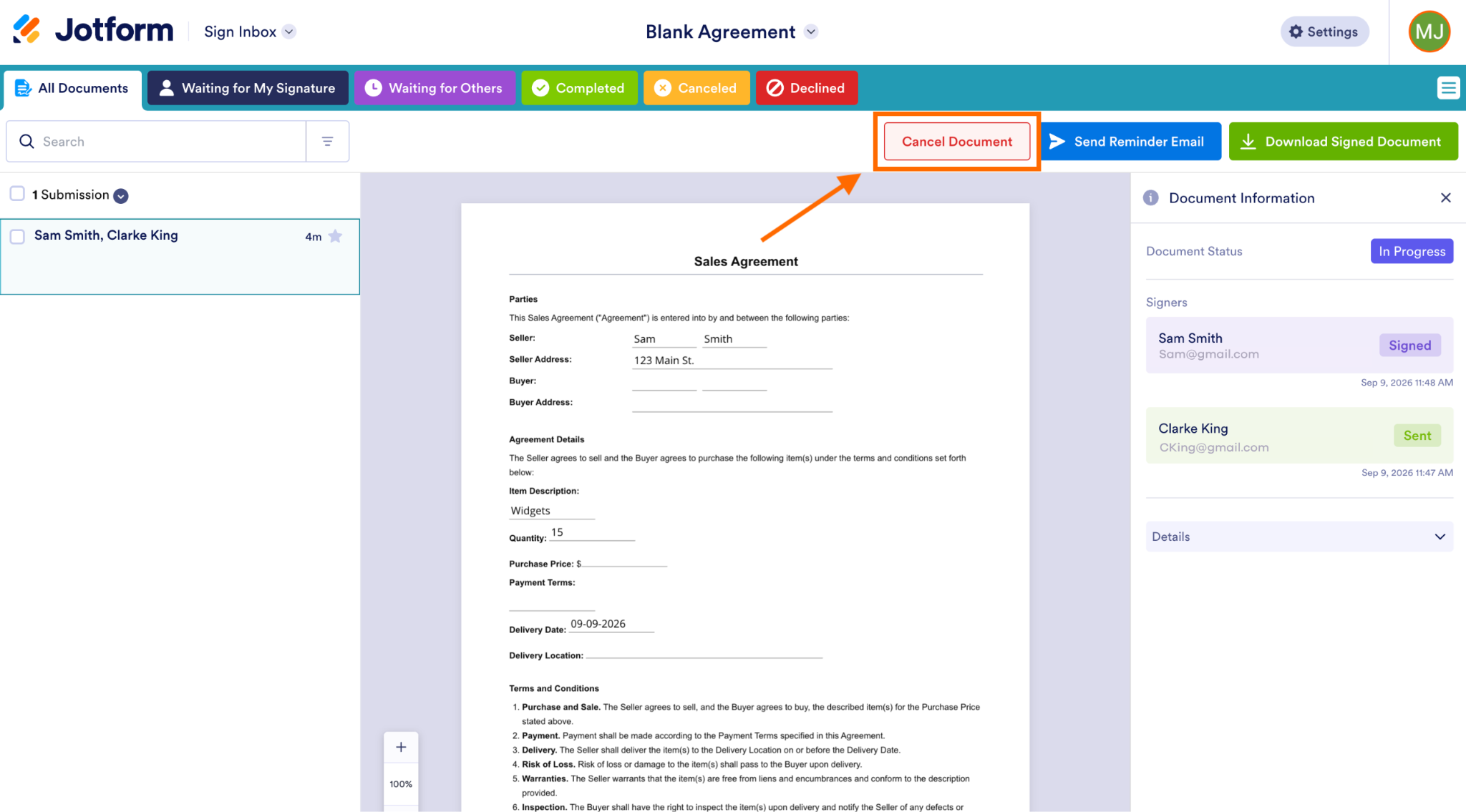 Jotform Sign interface with an arrow pointing to the "Cancel Document" button at the top of the screen