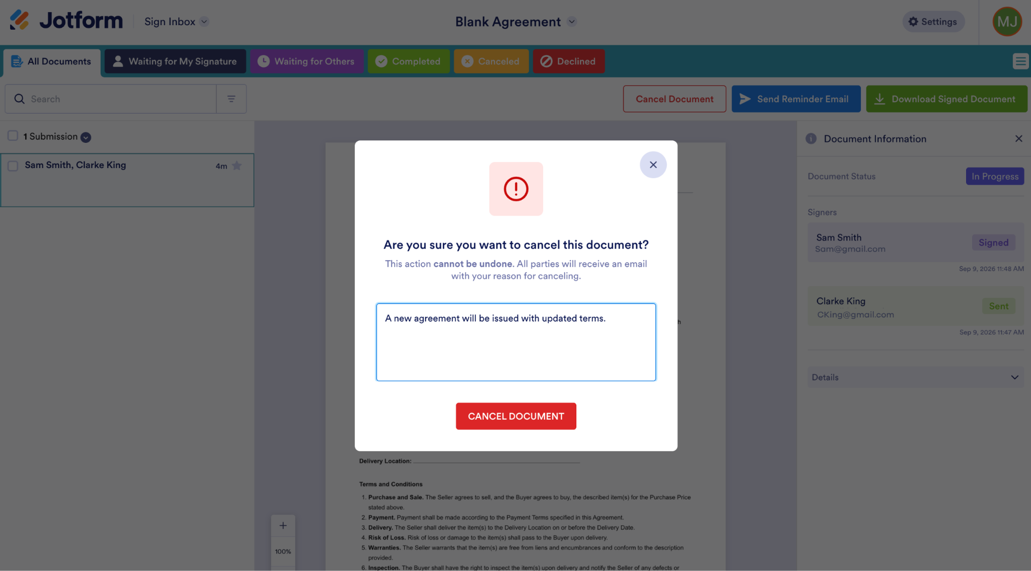 Jotform Sign interface showing the "Cancel Document" popup screen with a free-text box to type in a reason or next steps for signers