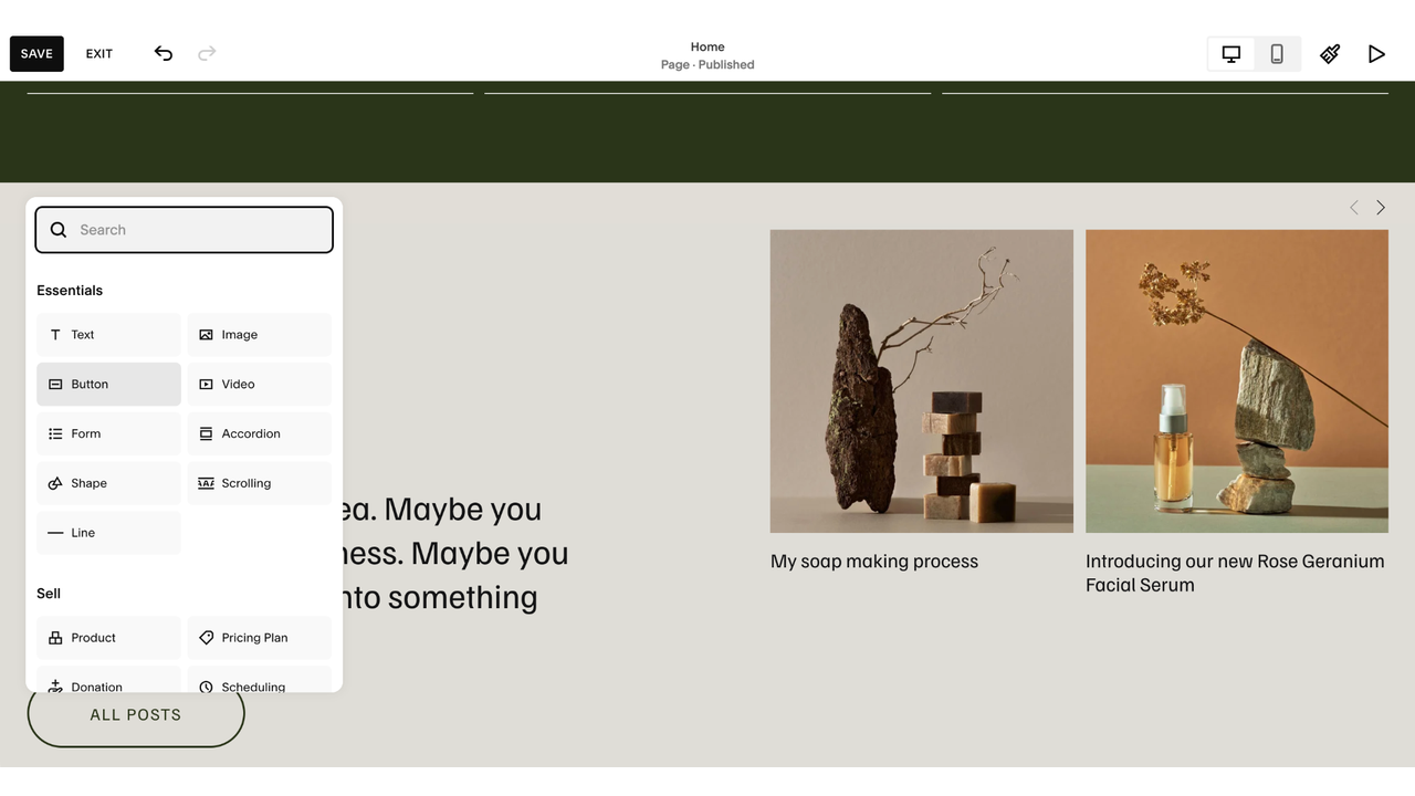Squarespace website editor showing the element menu with options for adding text, images, buttons, forms, and other page elements