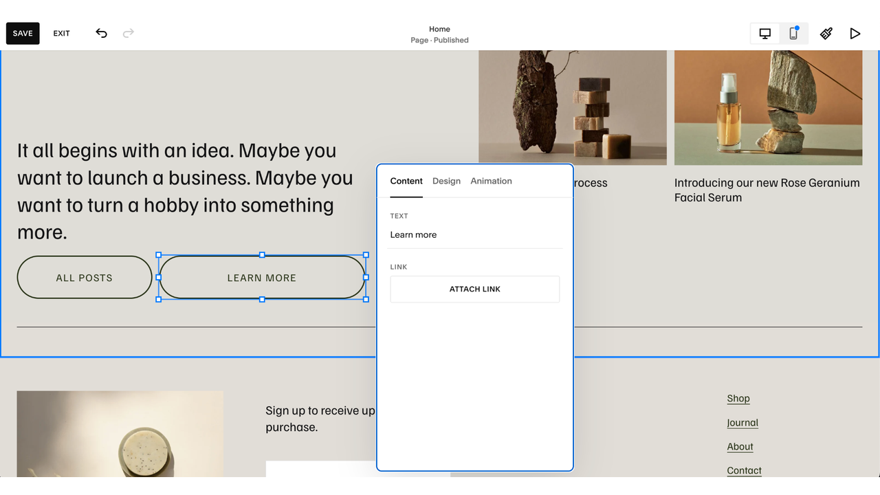 Squarespace website editor showing a selected “Learn More” button with content settings for editing the button text and attaching a link