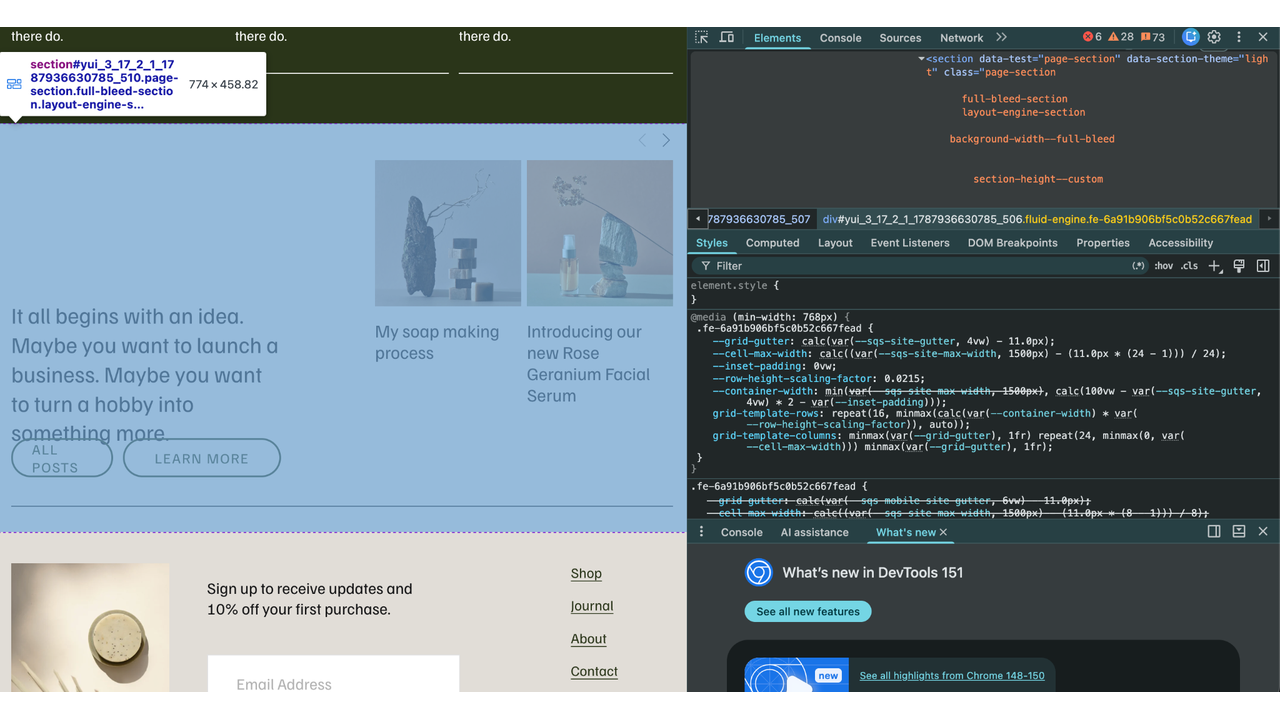 Squarespace website page shown with Chrome DevTools open, highlighting a page section containing text, product images, and navigation buttons
