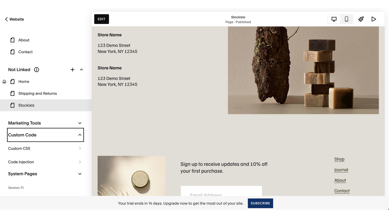 Squarespace editor showing a Stockists page with store addresses, product imagery, navigation settings, and custom code options