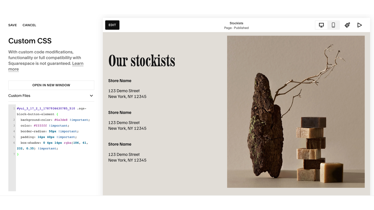 Squarespace Custom CSS editor showing styling code alongside a preview of a Stockists page with store locations and product imagery