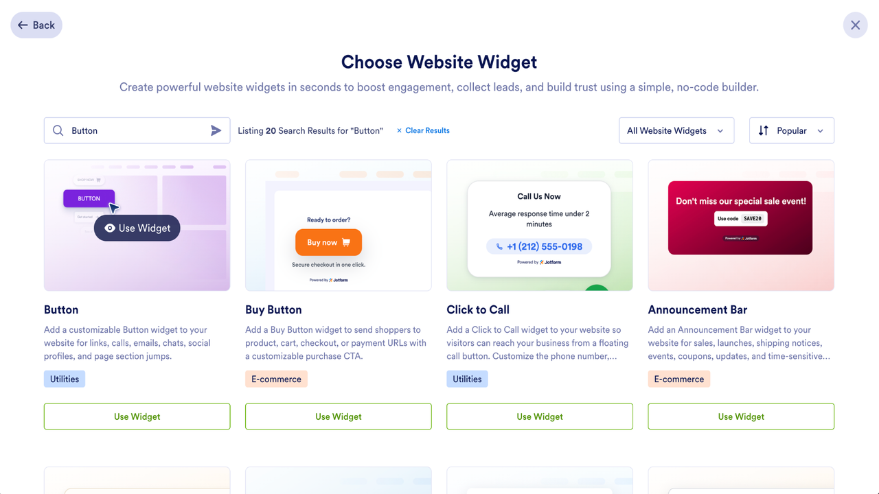 Jotform Website Widgets page showing search results for Button, including Buy Button, Click to Call, and Announcement Bar widgets
