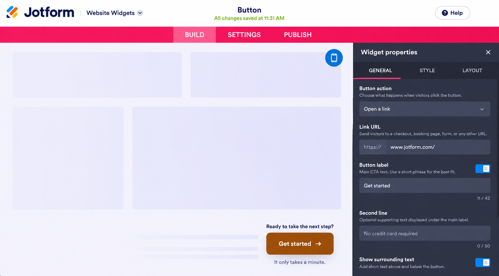 Jotform Button Widget editor showing general settings for the button action, link URL, label, supporting text, and surrounding text options