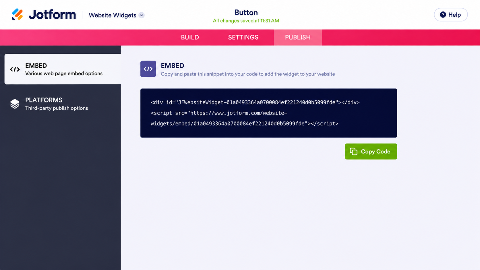 Jotform Button Widget Publish page showing the embed code snippet and Copy Code button for adding the widget to a website
