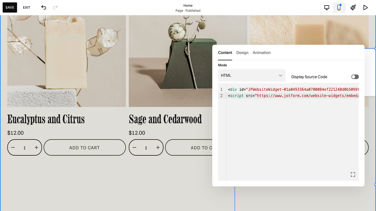 Squarespace website editor showing a Jotform widget embed code added in an HTML content block on an online store page