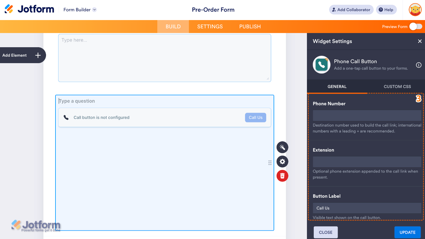 Phone Call Button settings showing Phone Number, Extension, and Button Label fields