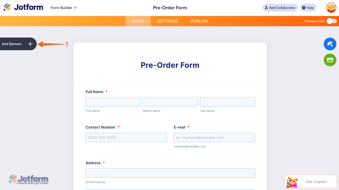 Form Builder showing the Add Element option in the left sidebar
