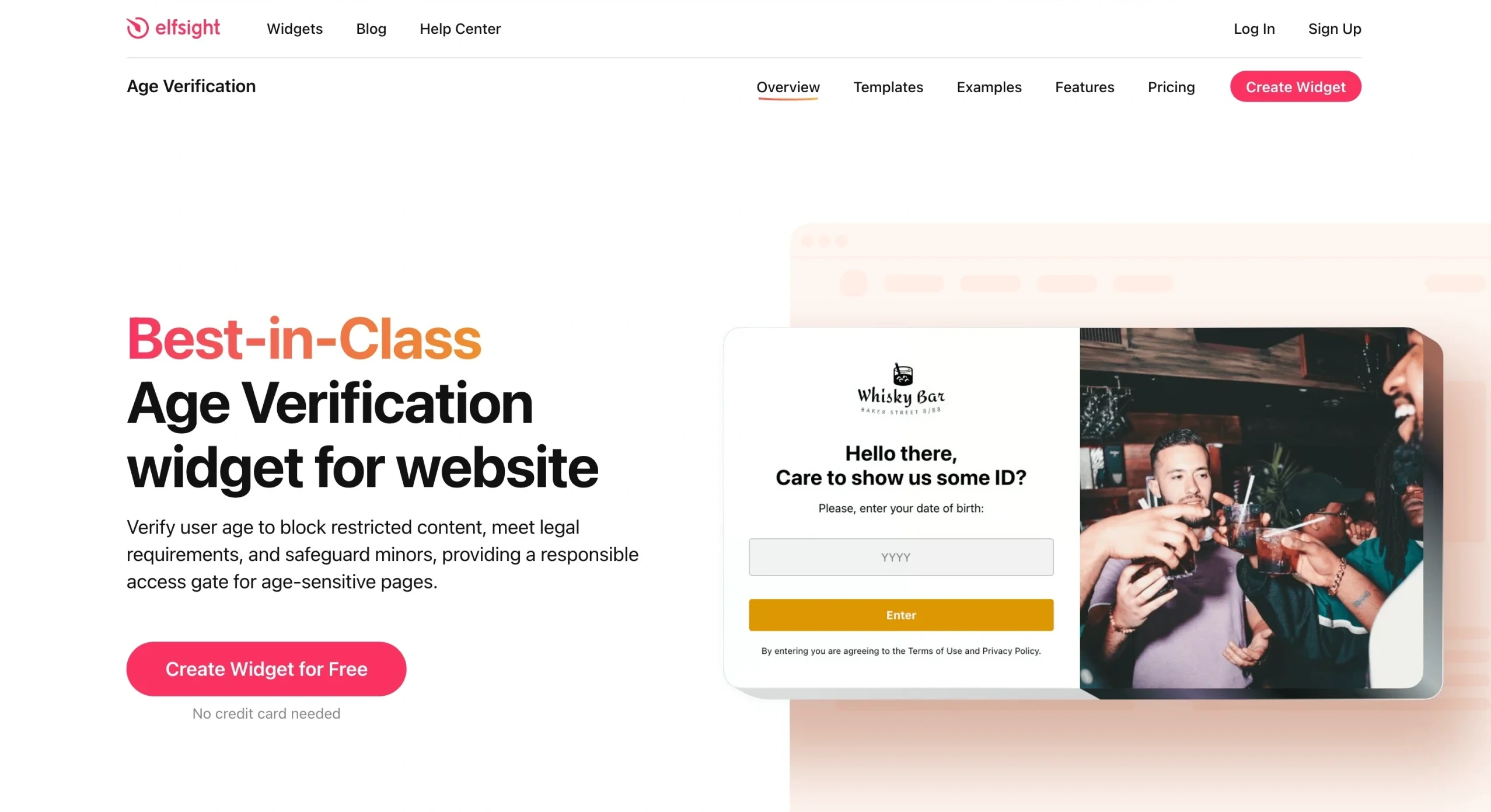 Screenshot of the Elfsight landing page, showing a headline "Best-in-Class Age Vertification widget for website"