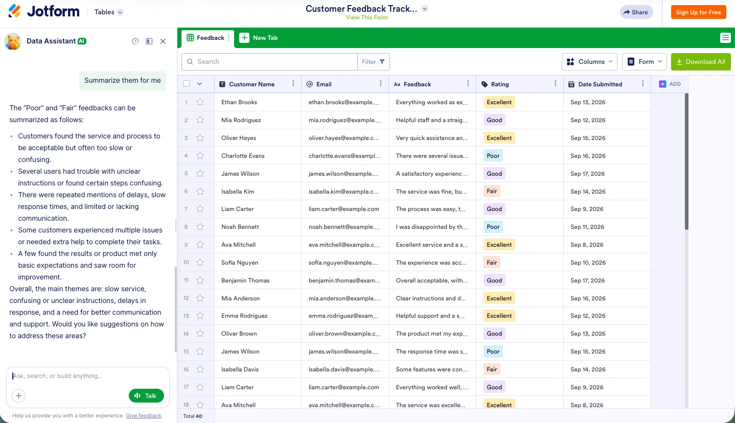 Jotform Tables interface showing a list of customers and their feedback alongside a chat window with Jotform AI Data Assistant providing AI customer feedback analysis and summarising responses