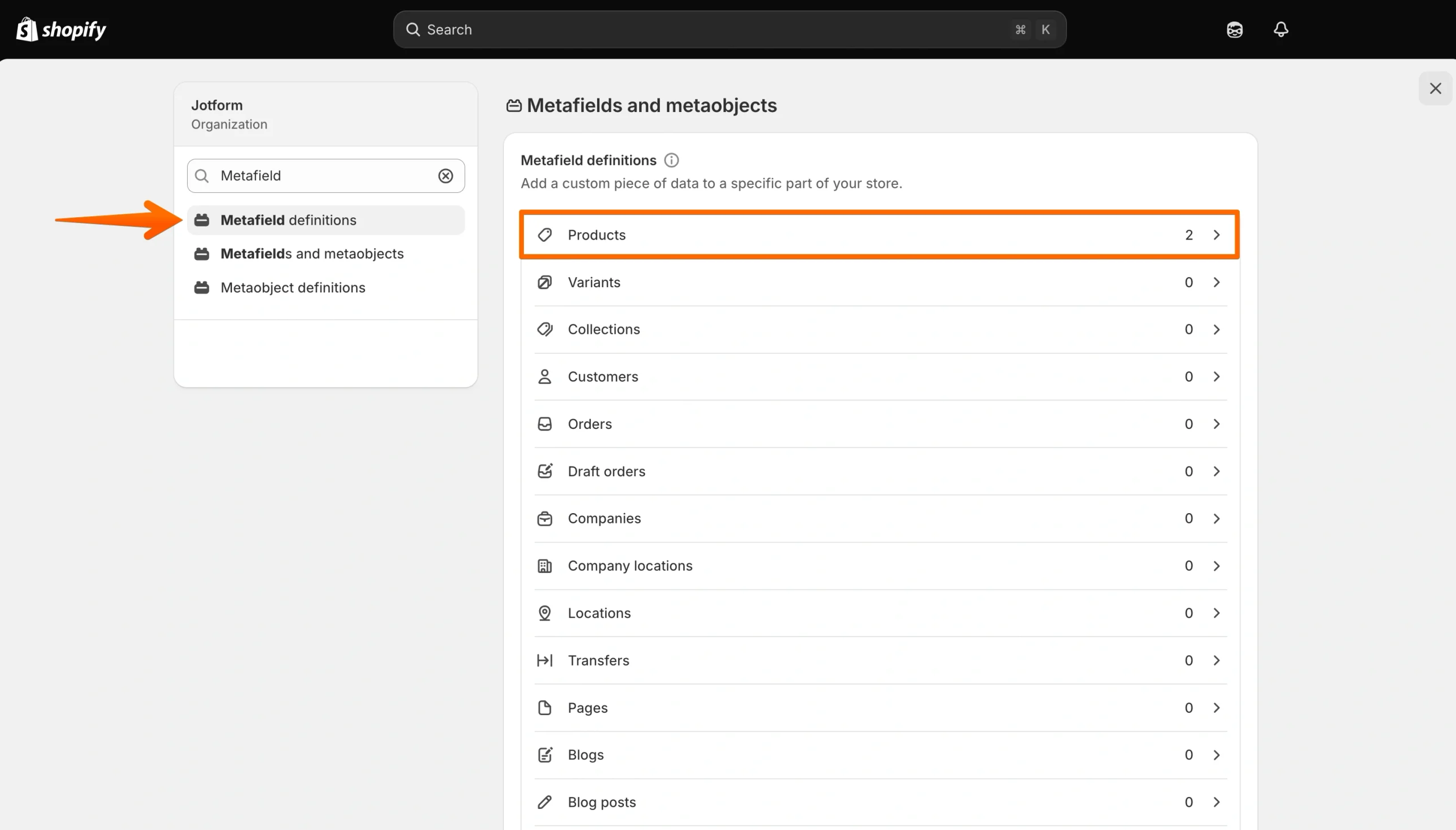 Shopify metafield definitions page with Products selected for creating product review fields