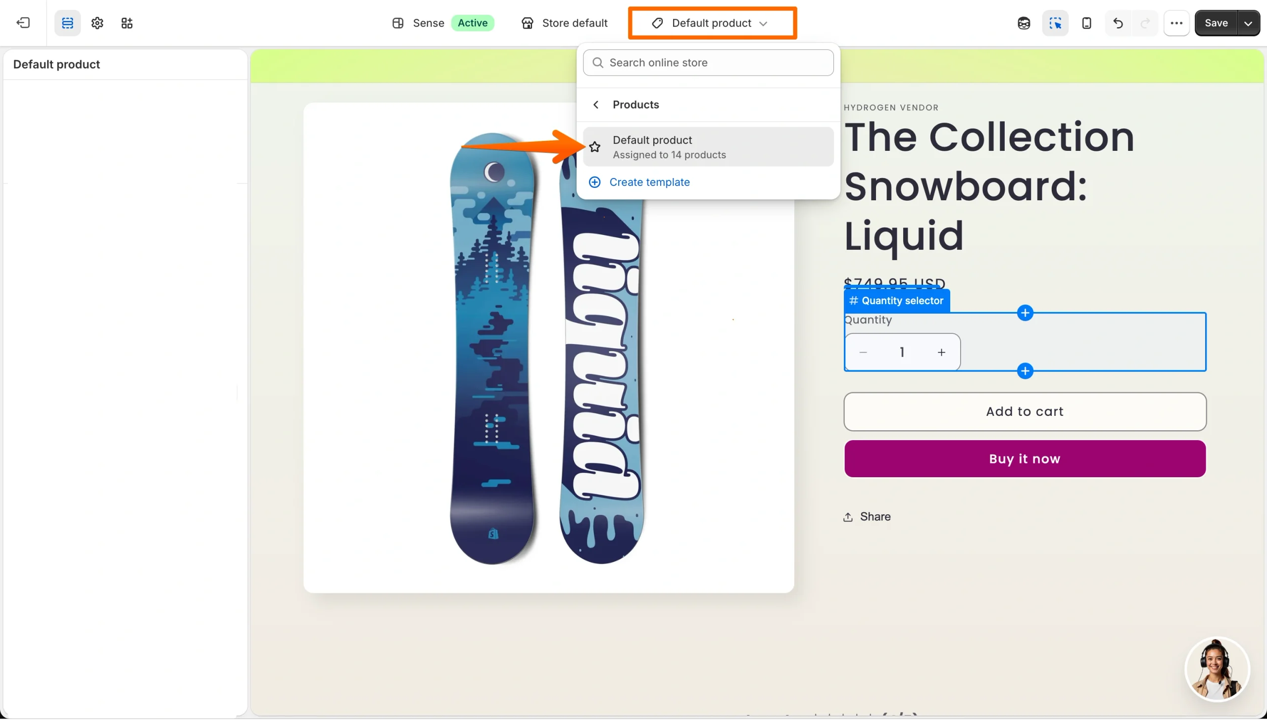Shopify theme editor template menu showing Products and Default product selected