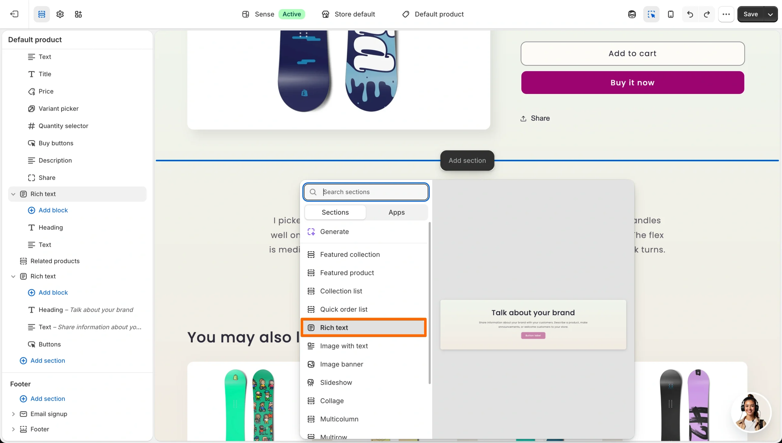 Shopify theme editor Add section menu with Rich text highlighted for reviews