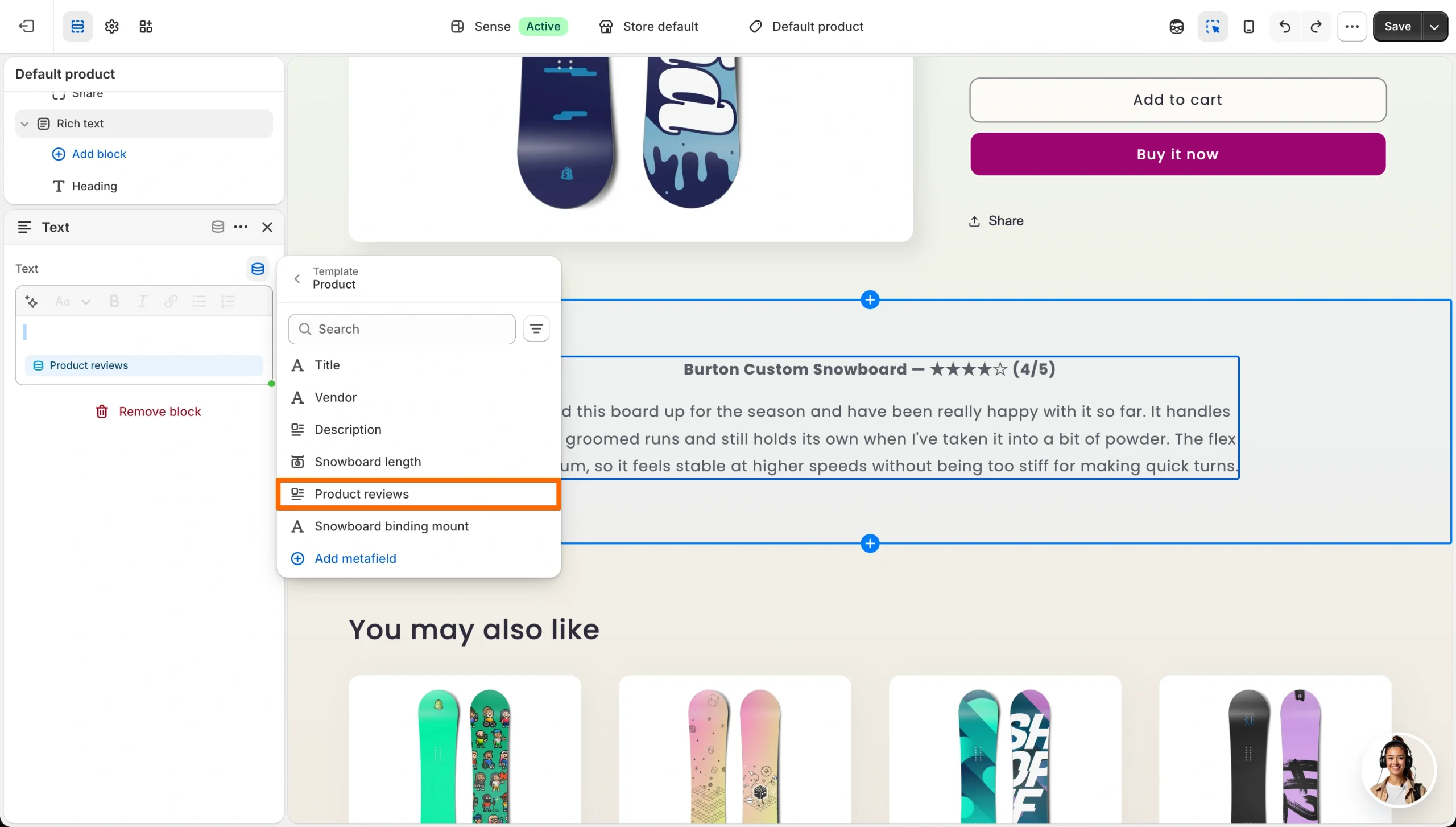 Shopify theme editor connecting a Rich text block to the Product reviews metafield