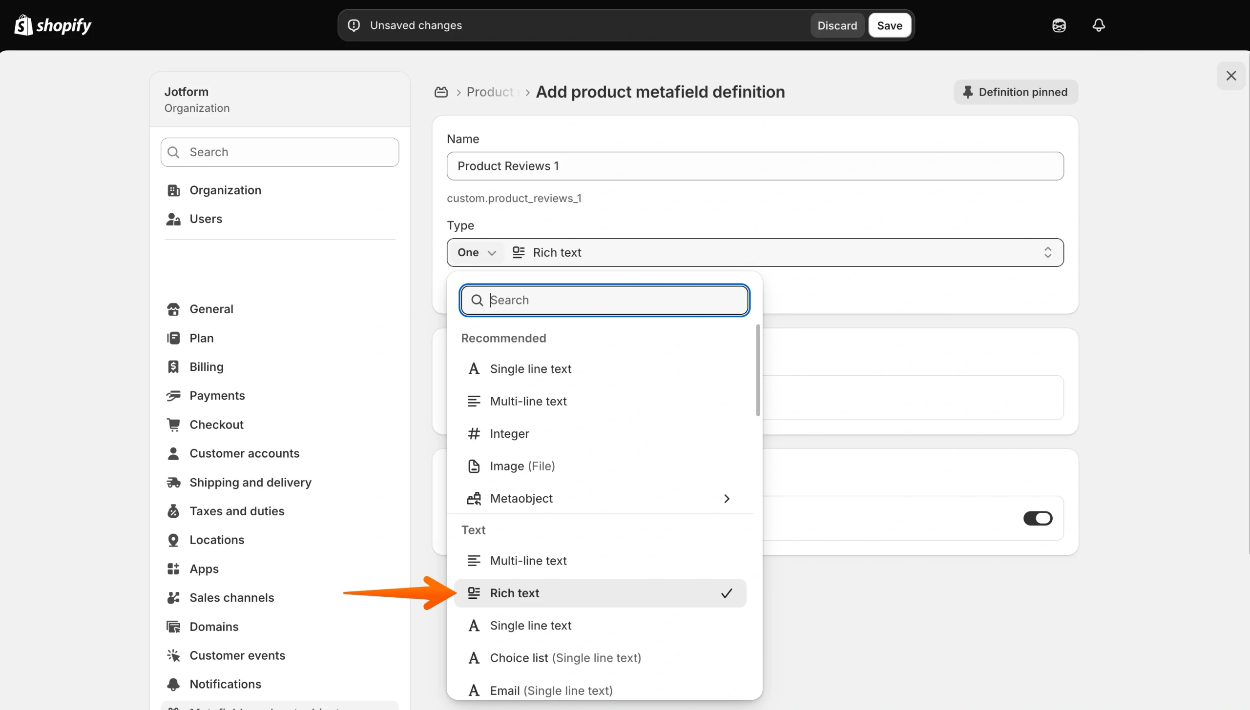 Shopify product metafield definition form with Rich text selected as the content type