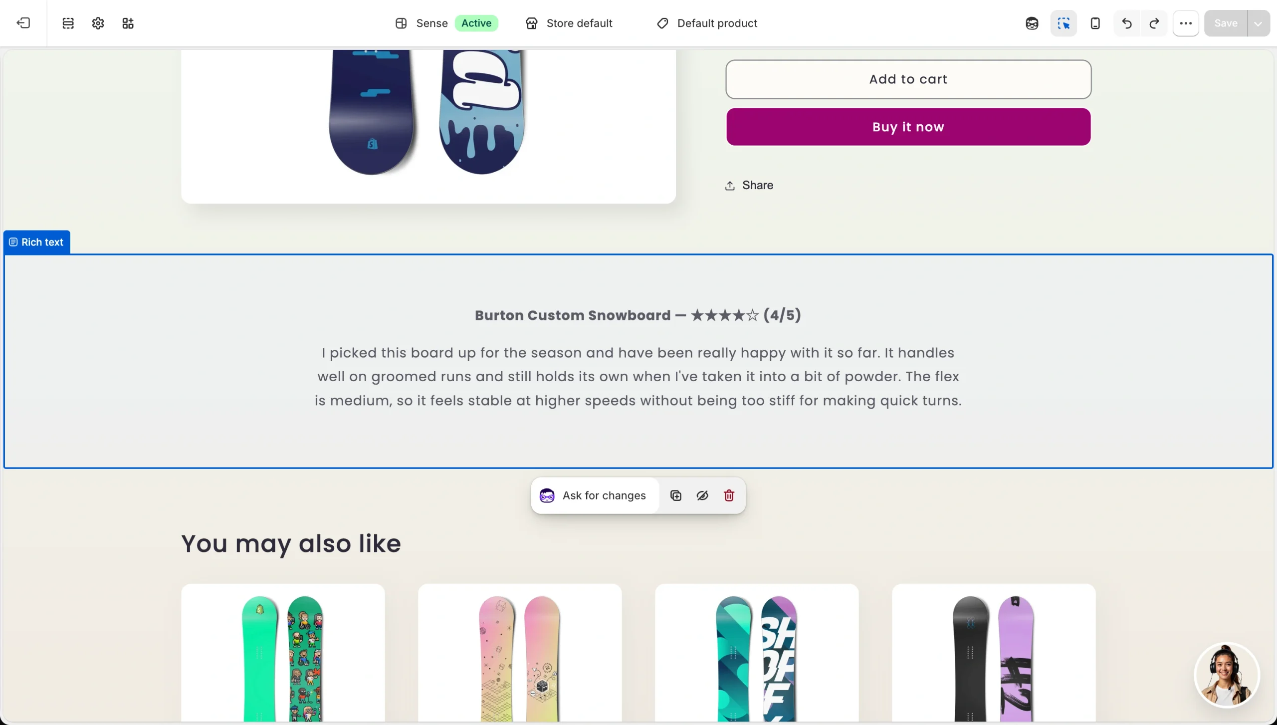 Shopify theme editor showing product review text displayed in a Rich text section