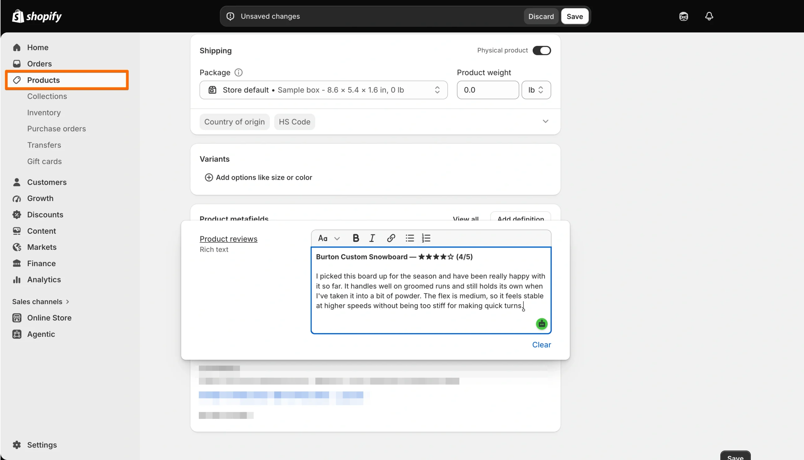 Shopify product editor showing review content entered in the Product reviews metafield