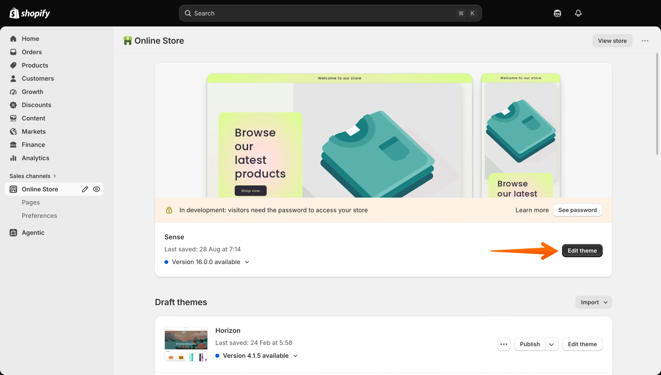 Shopify Online Store themes page with Edit theme highlighted for the active theme