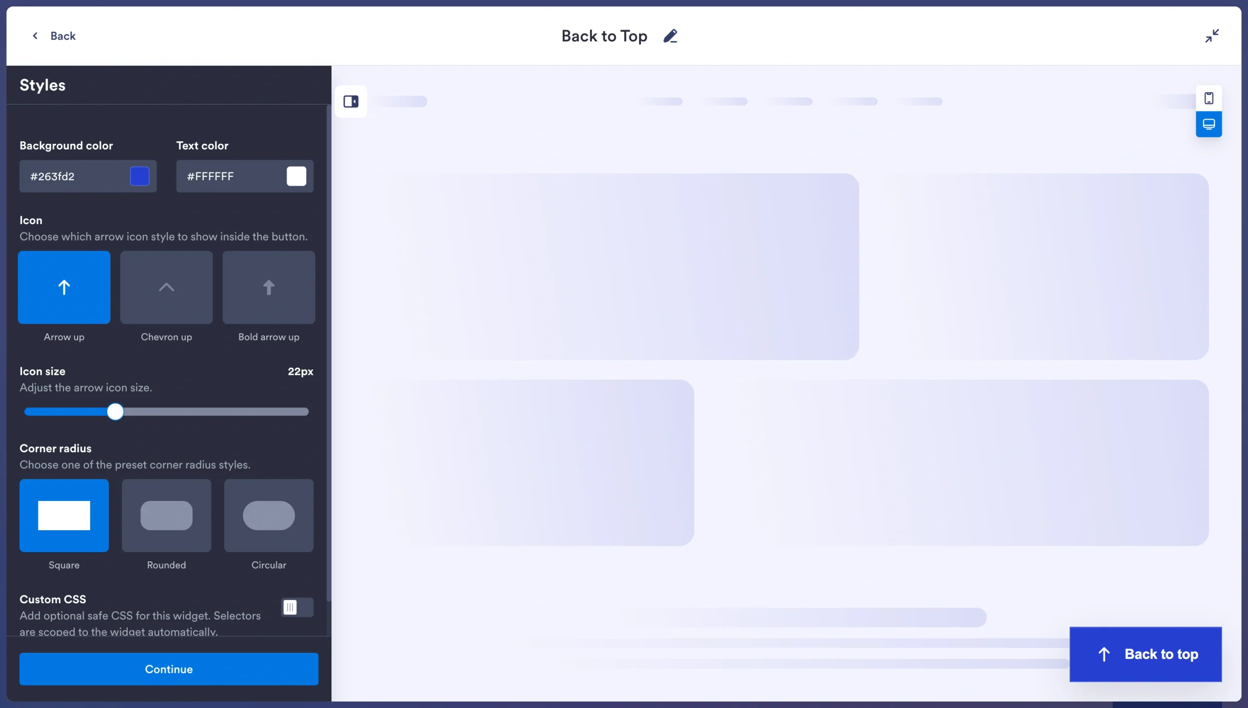 Configured Jotform Back to Top Widget preview with a floating button