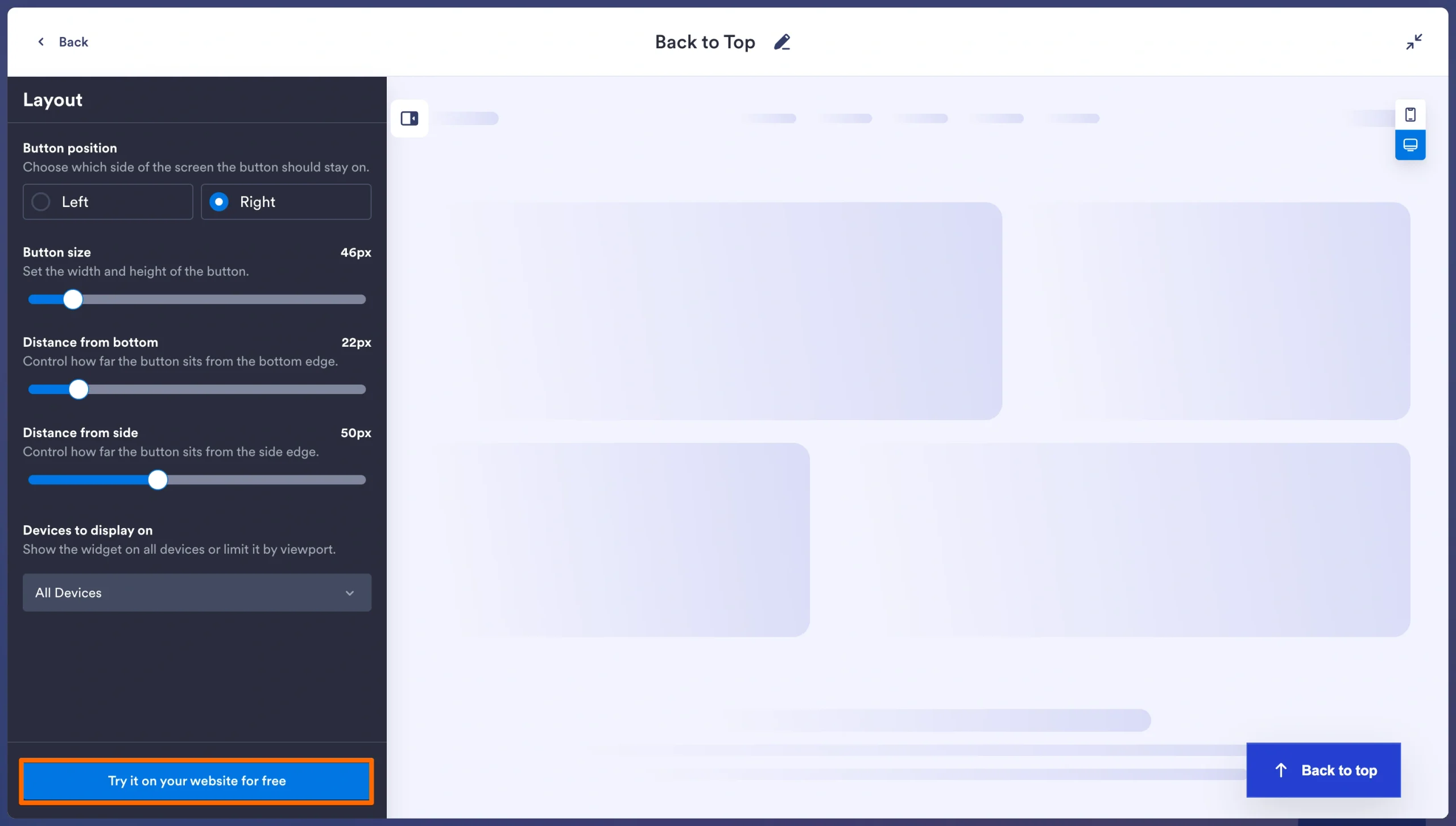 Jotform Back to Top Widget builder displaying layout settings and copyable embed code