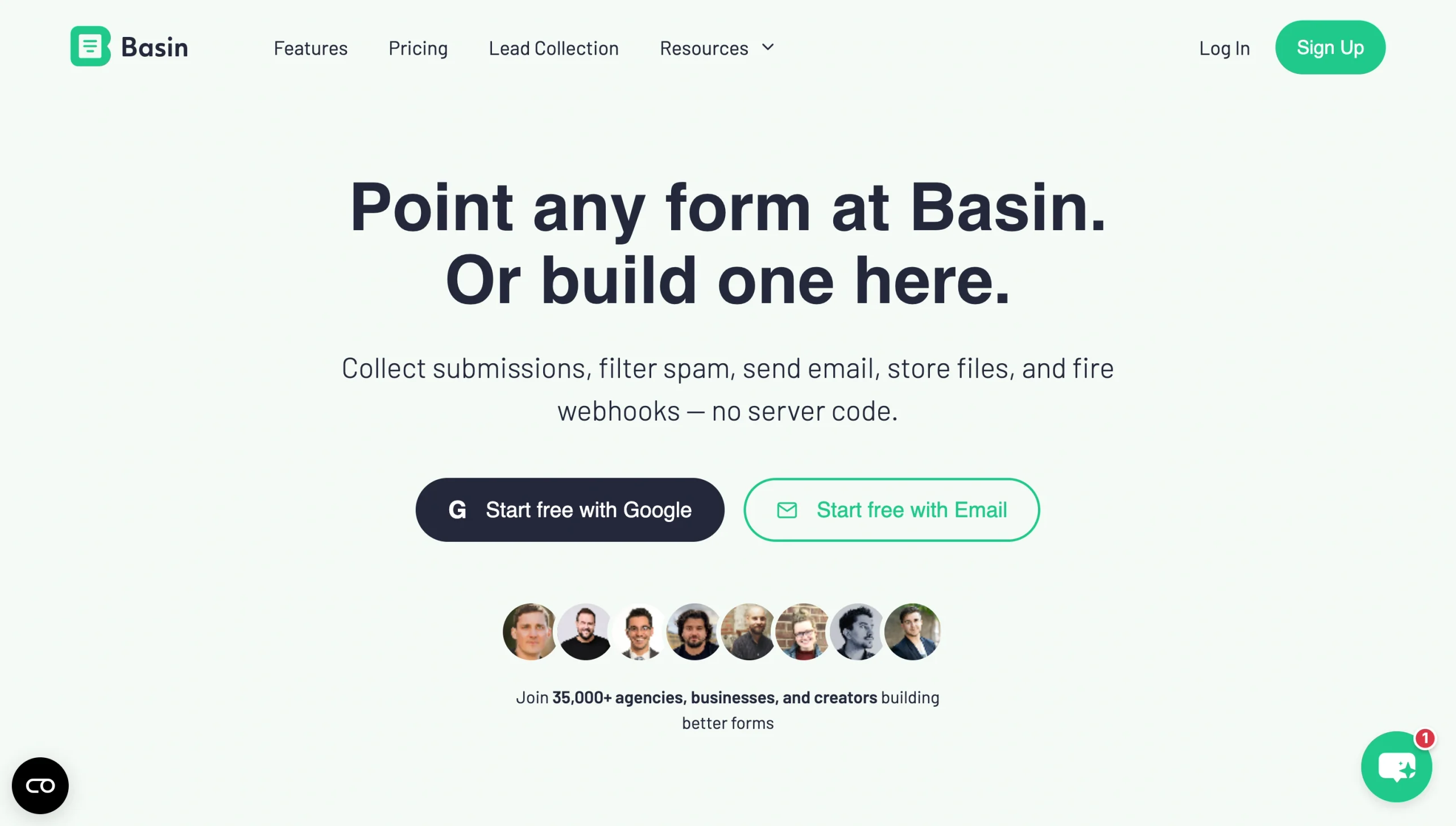 Screenshot of the Basin landing page, showing a headline "Point any form at Basin