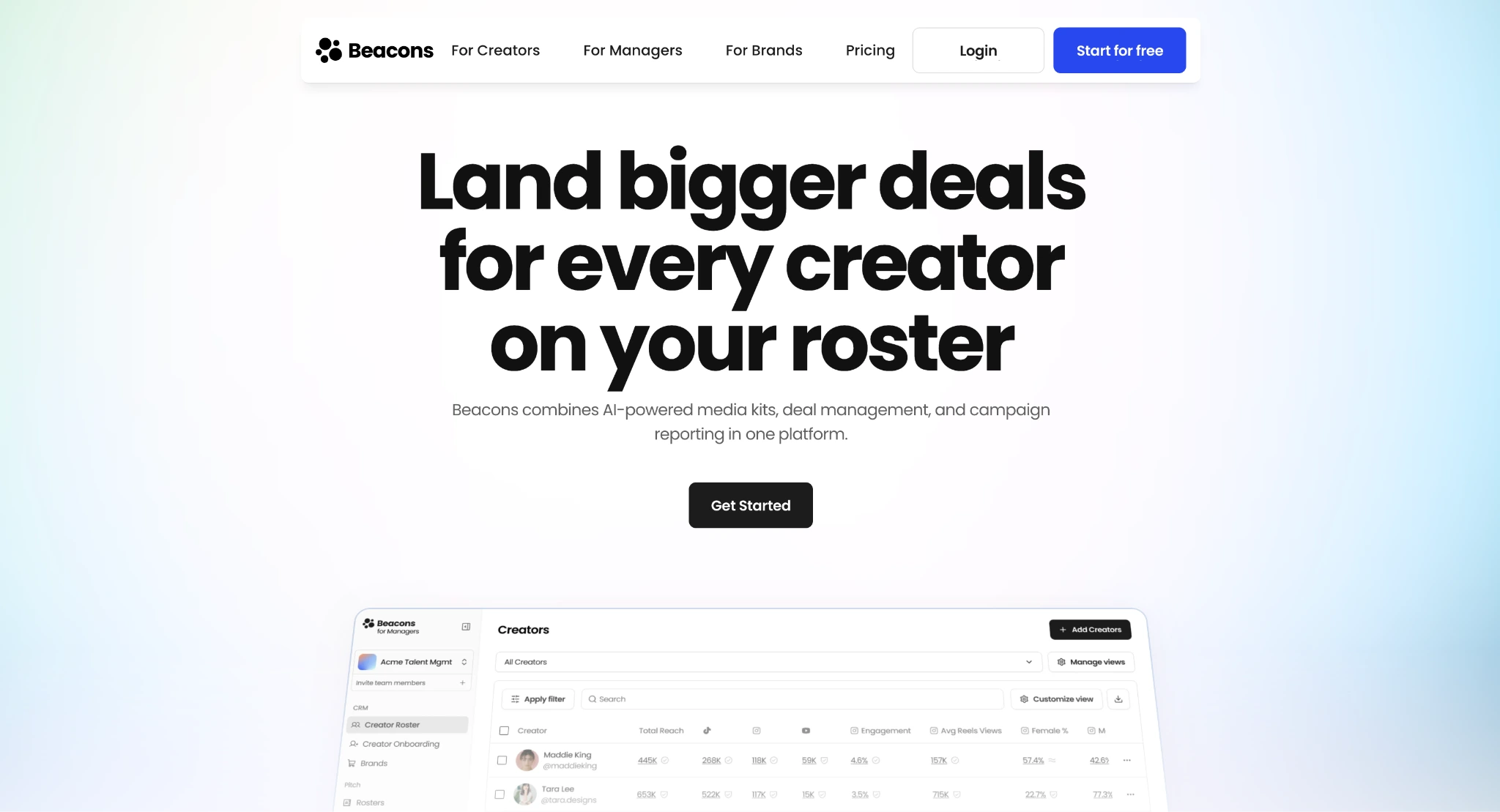Beacons homepage promoting creator management tools with dashboard preview below