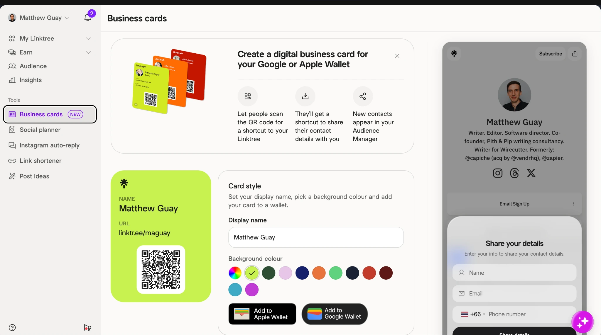 Linktree business card editor showing QR code, card settings, and mobile preview