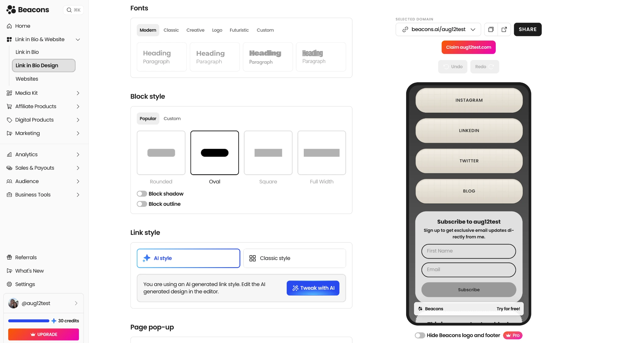 Beacons design editor showing font, block, and link style customization options