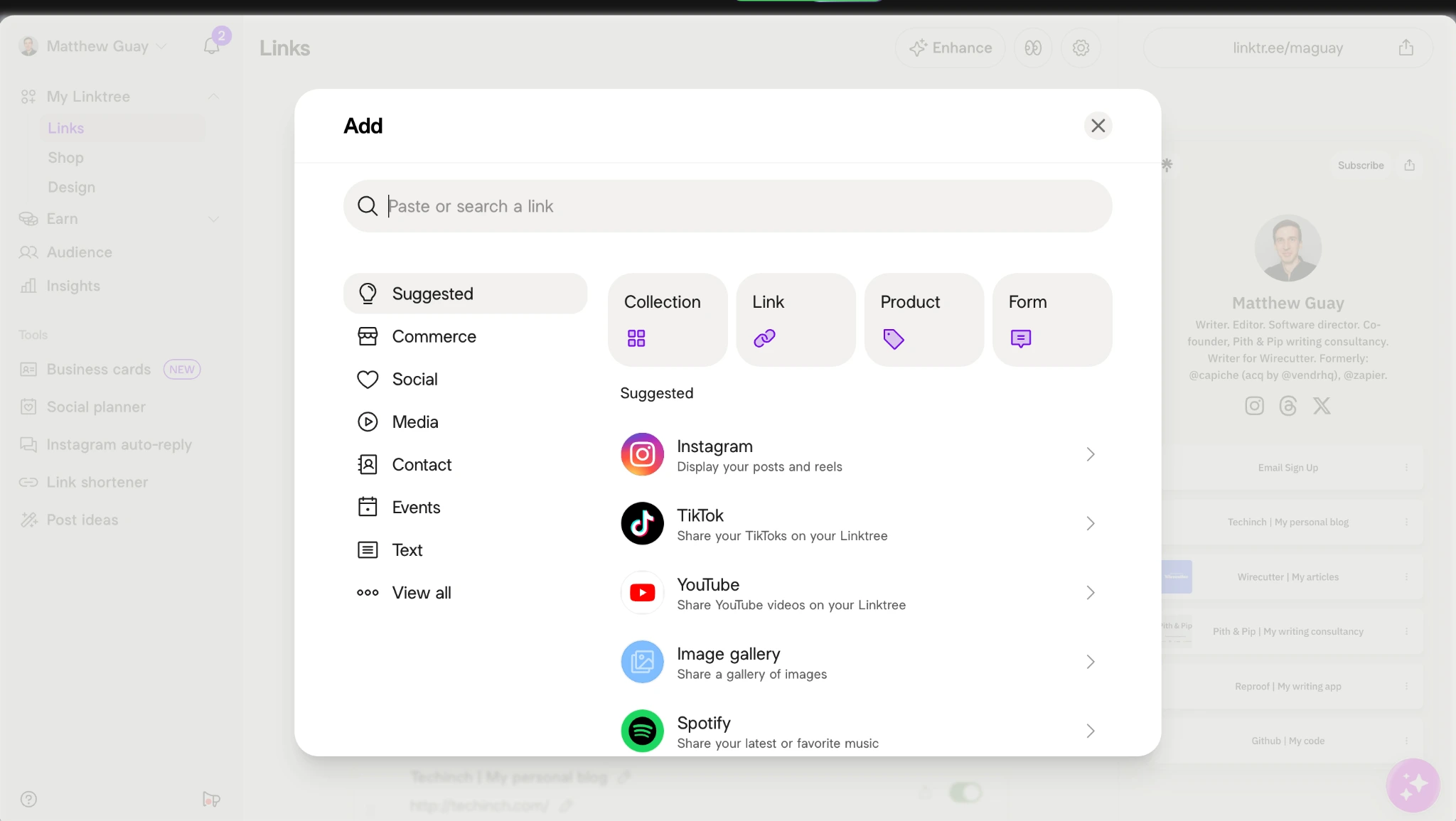 Linktree Add menu showing link, product, form, social, media, and integration options