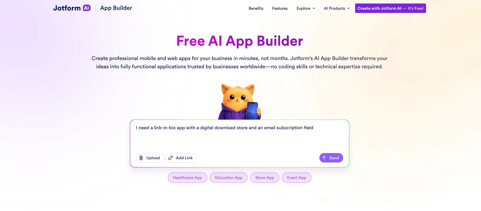 Jotform AI App Builder page with prompt for creating a link-in-bio app
