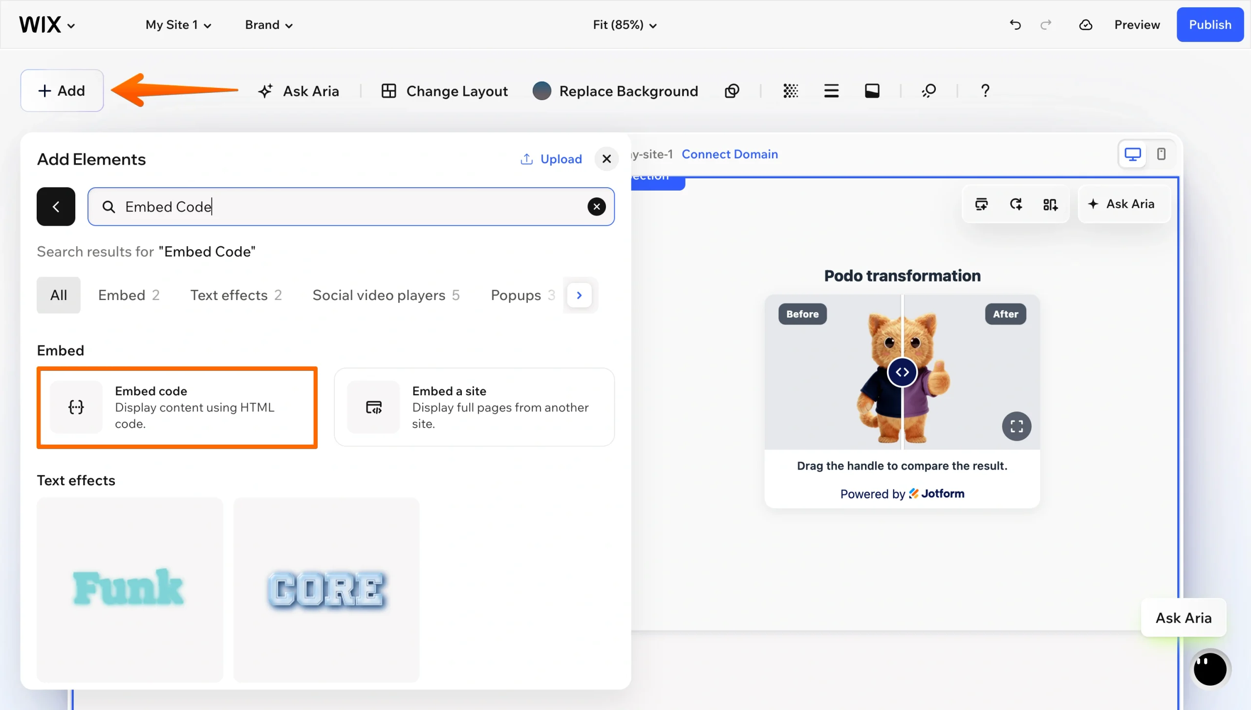Wix Editor Add Elements panel showing the Embed Code option for adding the slider widget