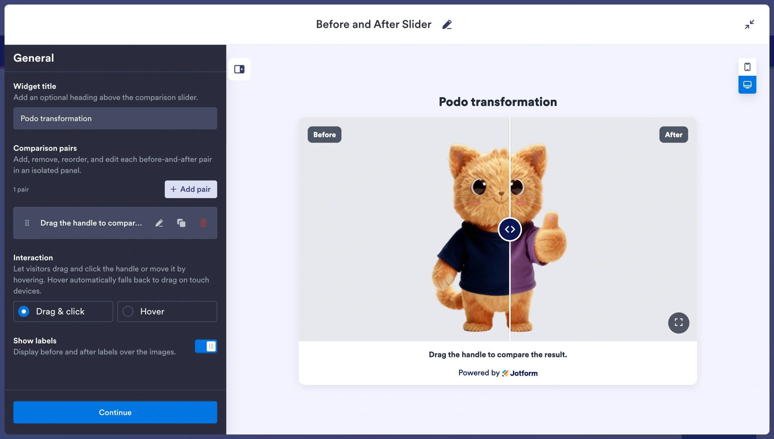 Jotform Before and After Slider Widget with uploaded comparison images and labels