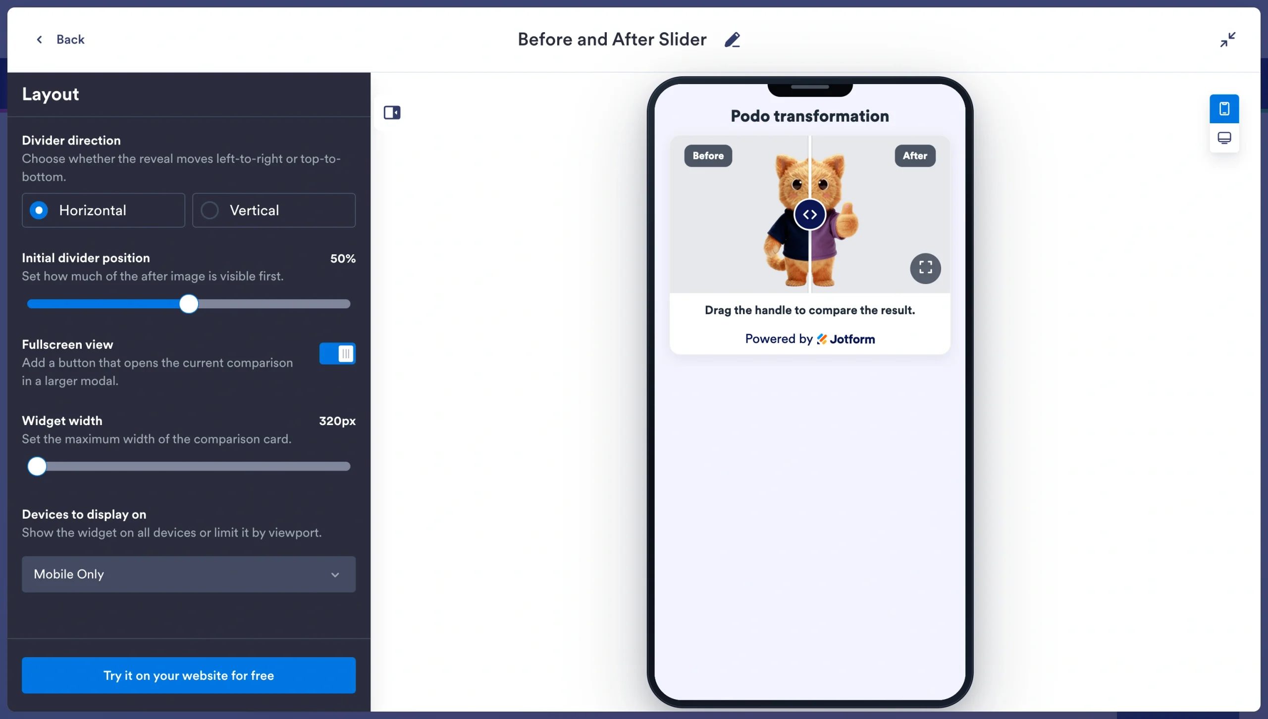 Before and After Slider layout settings showing divider position and mobile preview