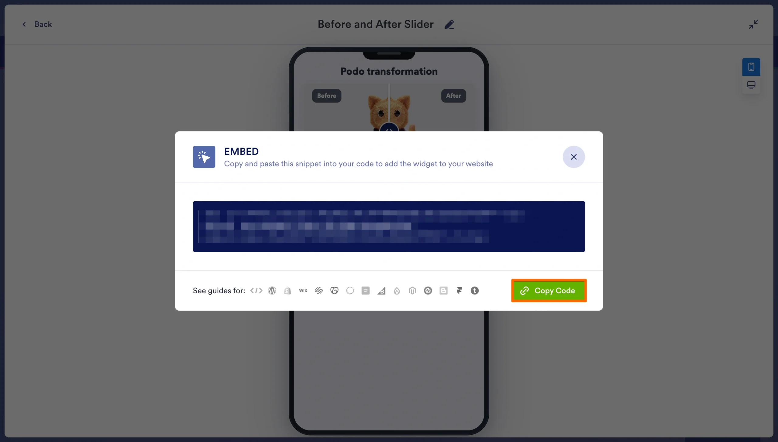 Embed code popup for copying the Jotform Before and After Slider Widget code