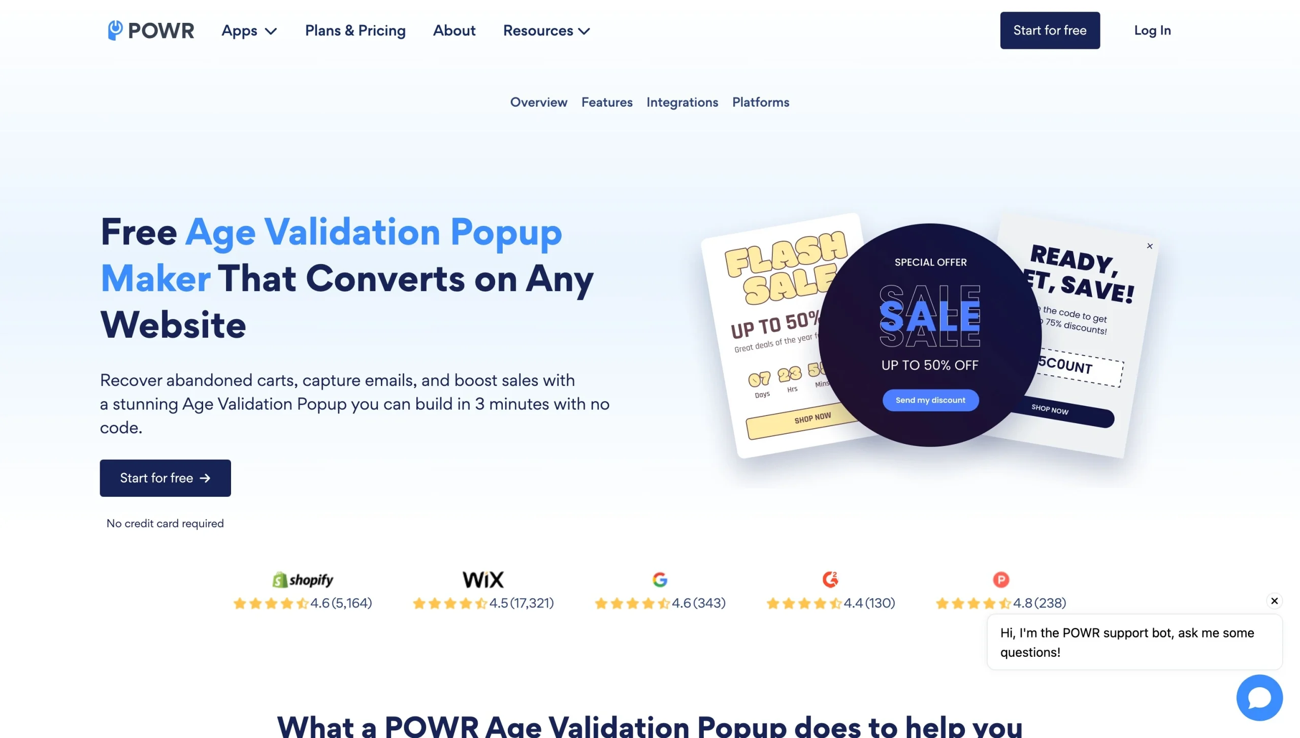 Screenshot of the POWR age validation popup landing page