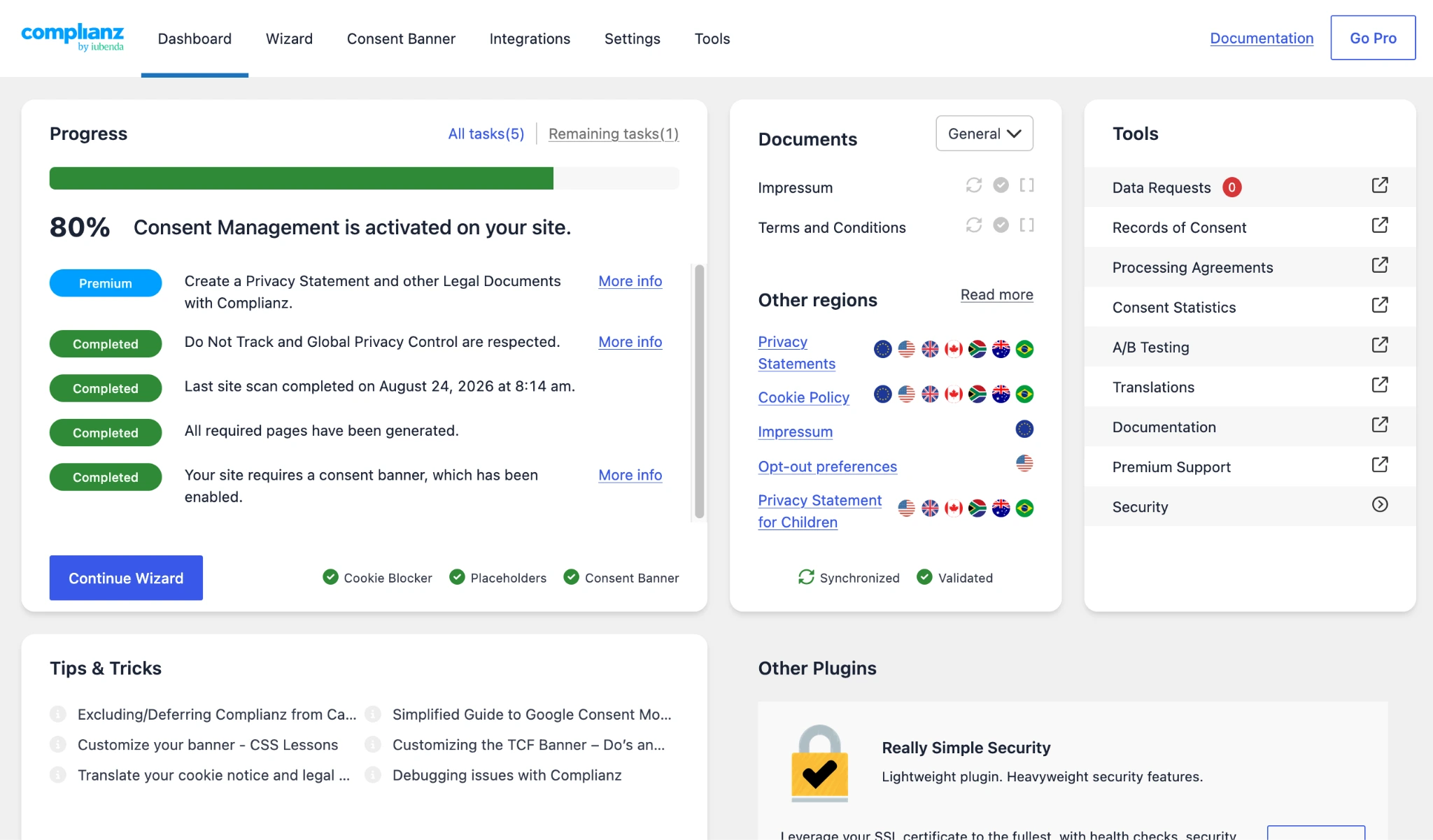 Complianz dashboard showing consent management progress, documents, tools, and configuration status