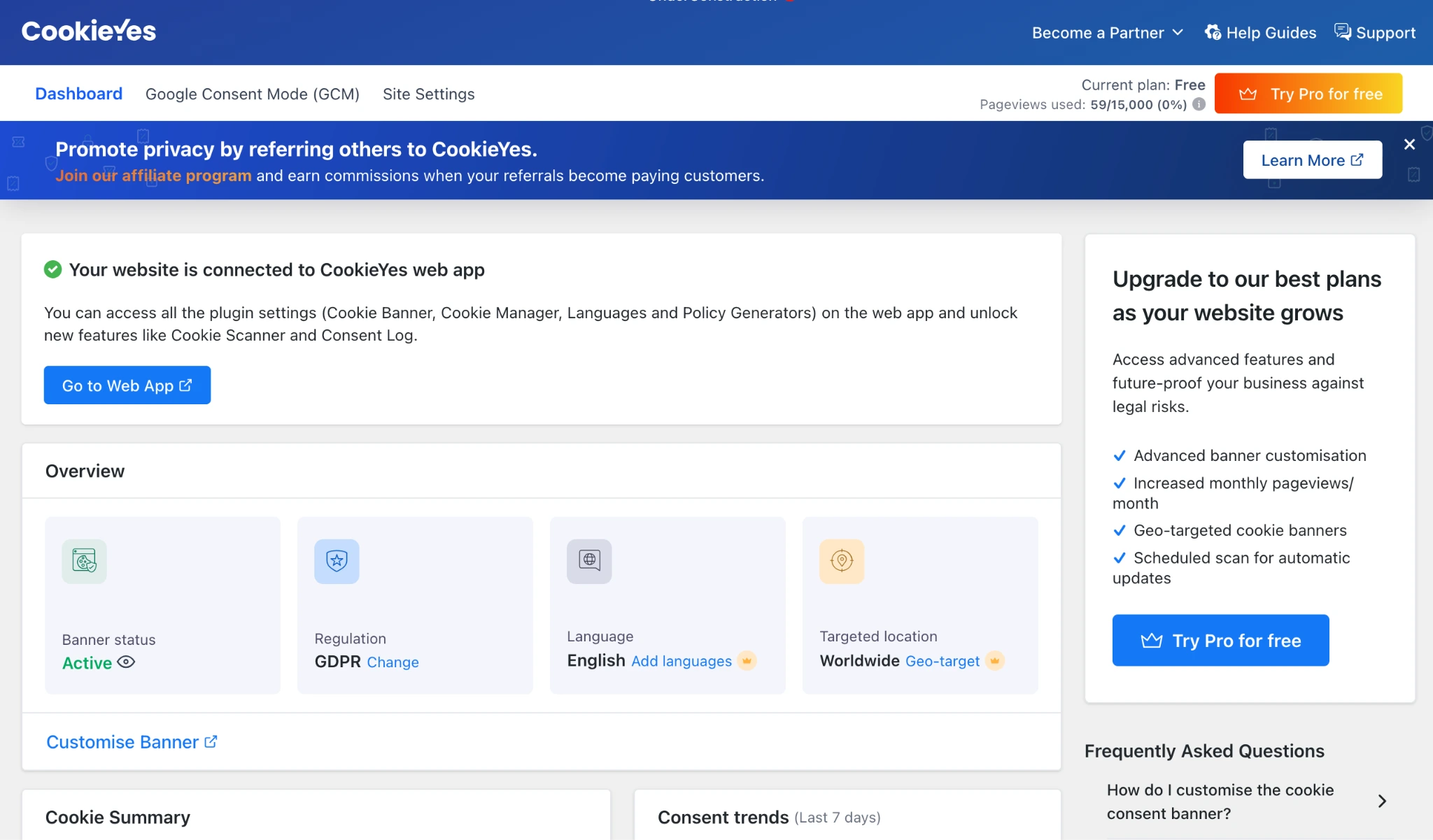 CookieYes dashboard showing active banner status, regulation, language, and targeting settings