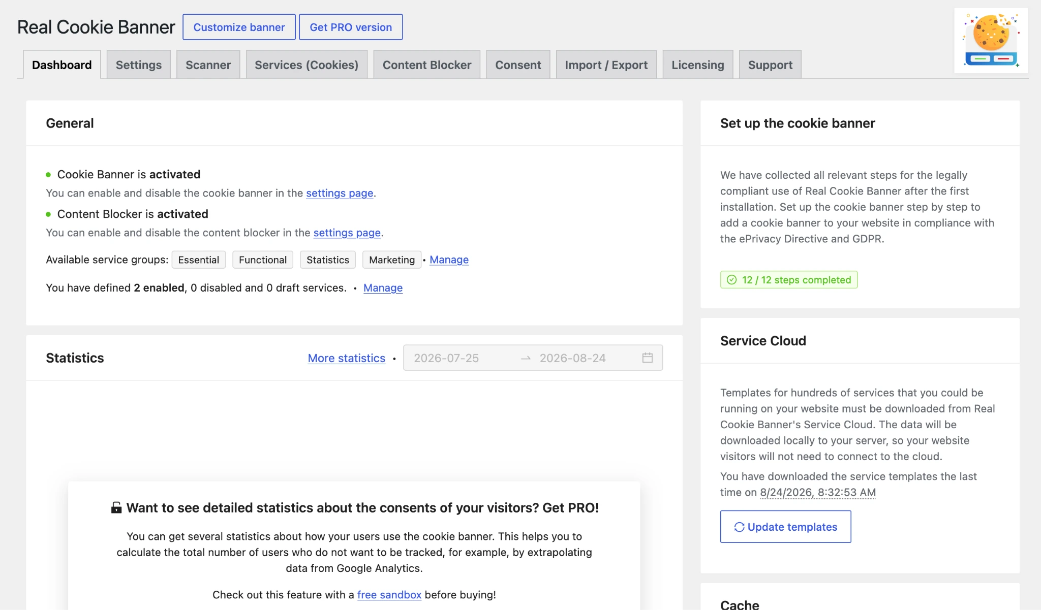 Real Cookie Banner dashboard showing activation, content blocker, service groups, and statistics