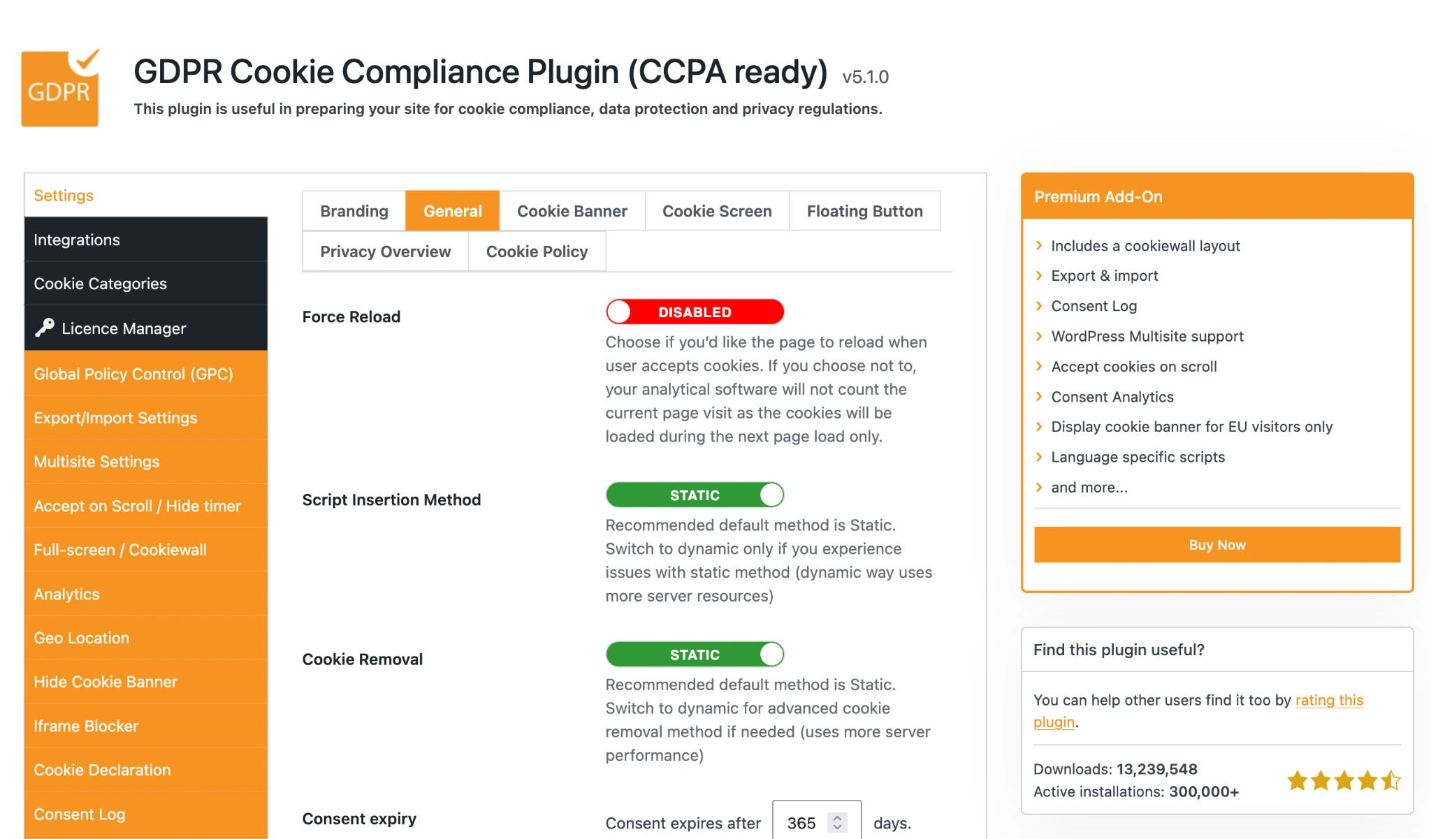 GDPR Cookie Compliance settings showing script insertion, cookie removal, and premium options