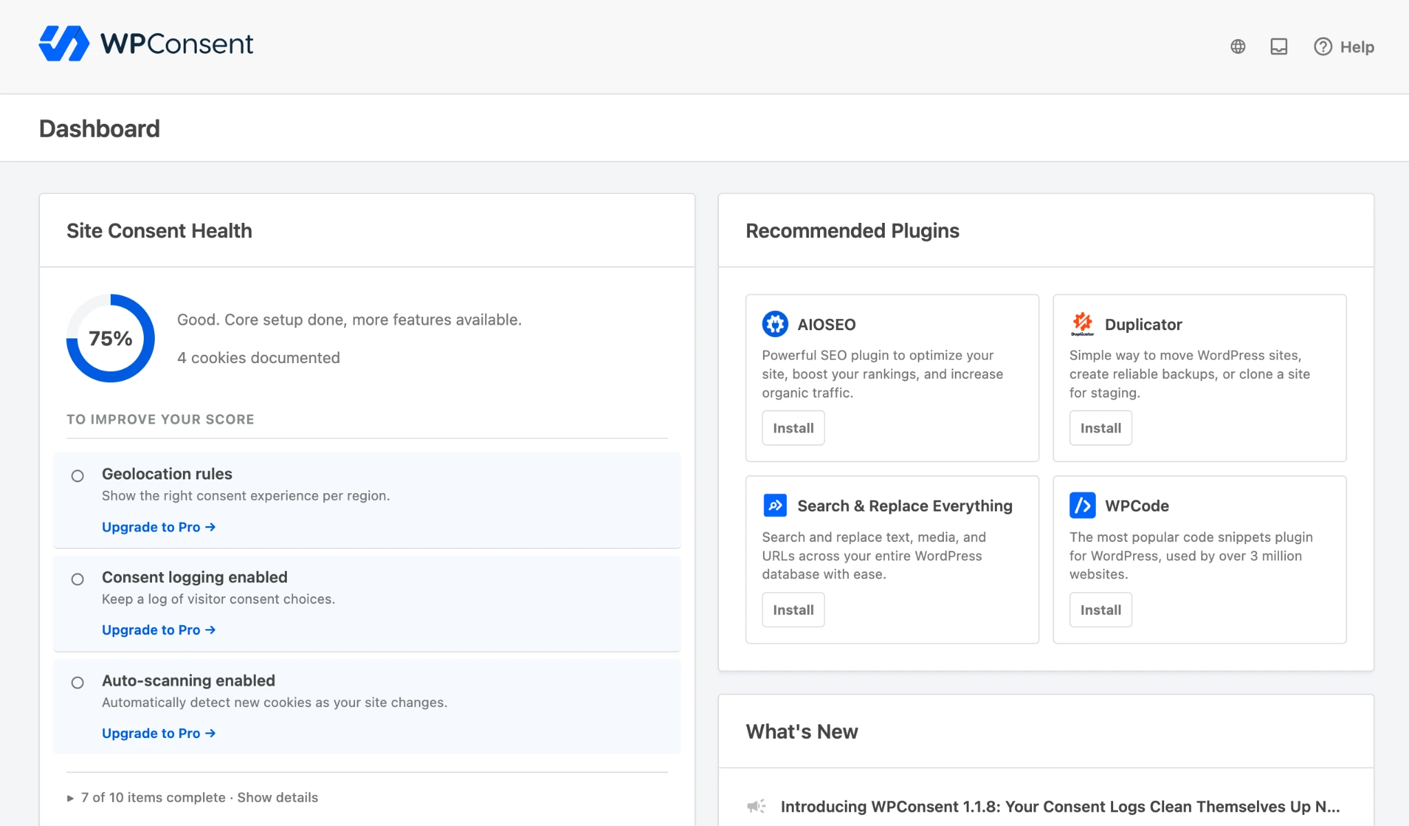 WPConsent dashboard showing site consent health, cookie documentation, and recommended WordPress plugins