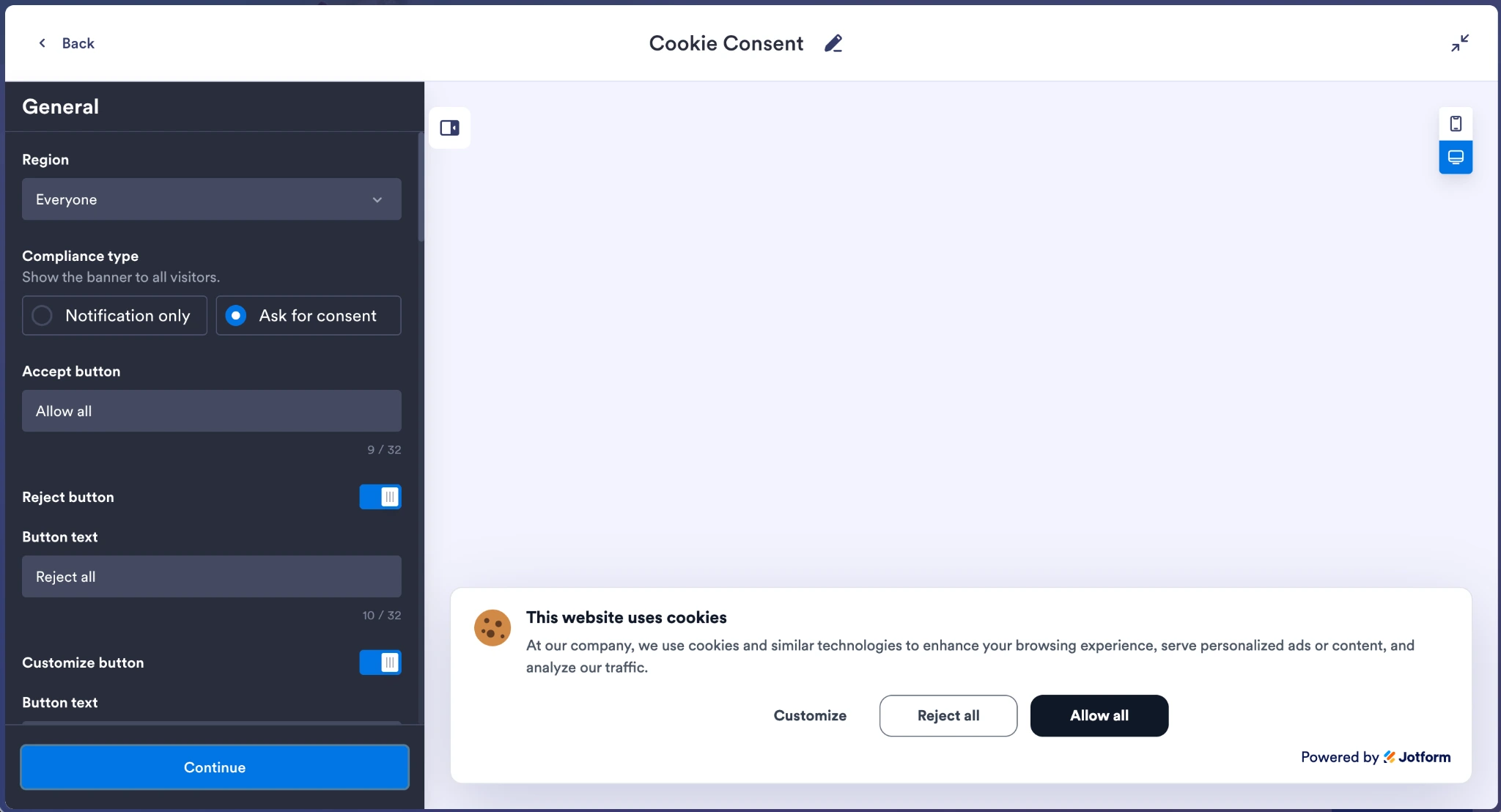 Jotform Cookie Consent editor customizing compliance settings, buttons, and live banner preview