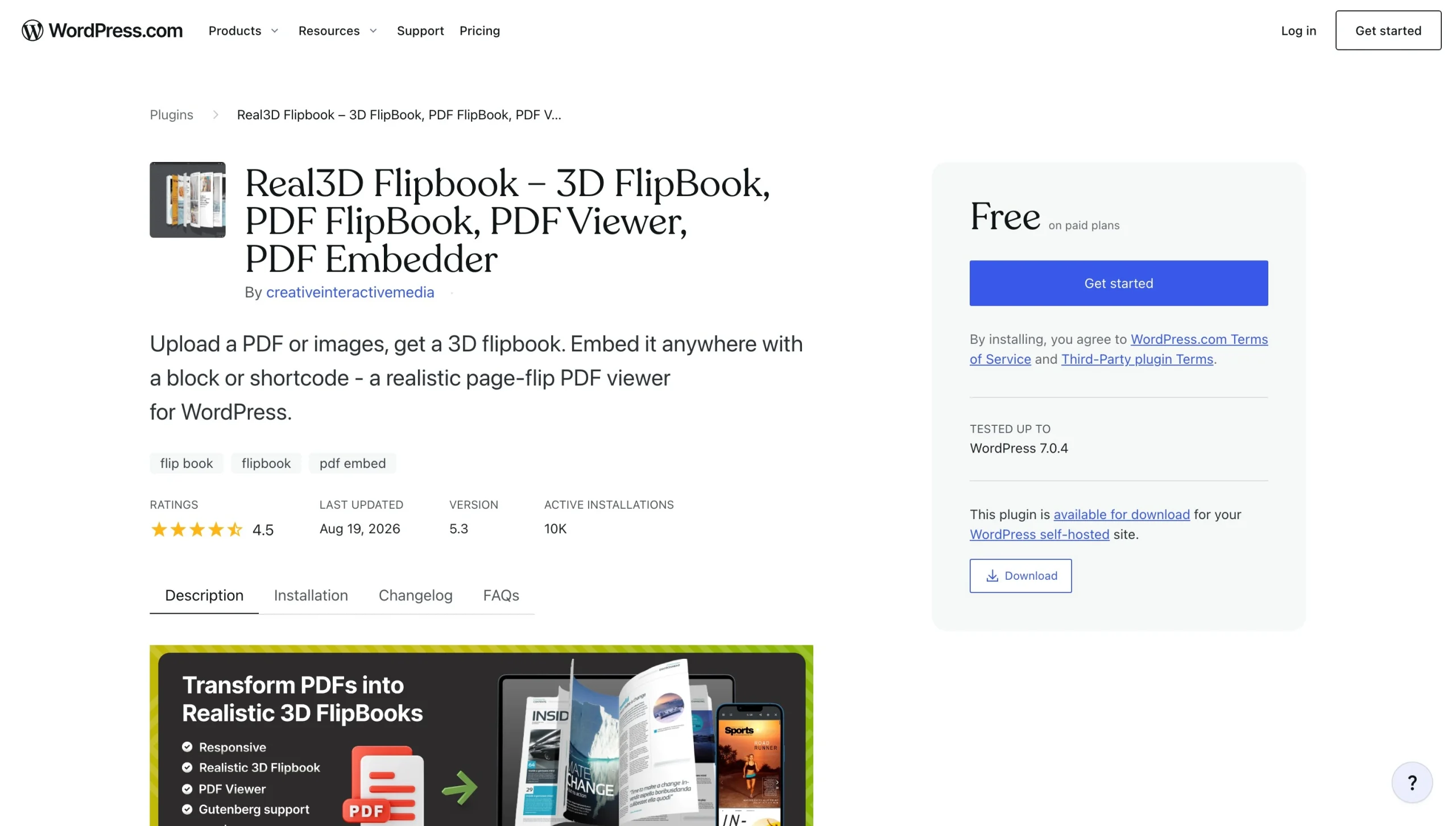 Real3D Flipbook plugin page showing ratings, installations, pricing, and download options